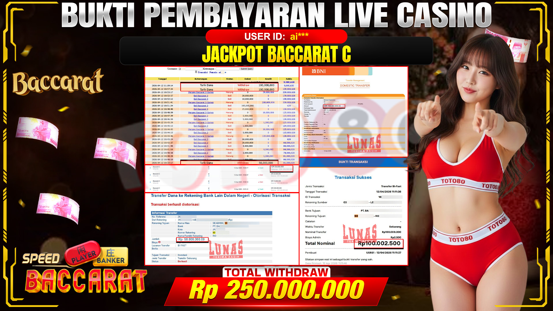 💰🎉 TOTO80 – JACKPOT BACCARAT C RP. 250,000,000,- TELAH DIBAYARKAN!💰🎉