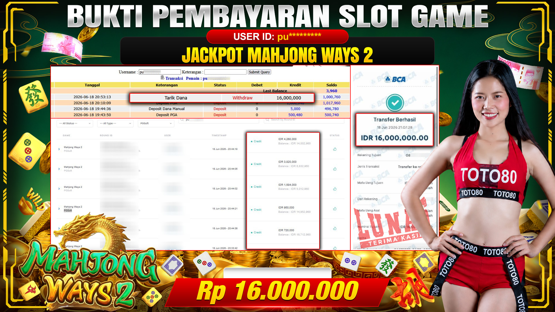 💰🎉 TOTO80 – JACKPOT SLOT MAHJONG  WAYS  RP. 16.000,000,-  TELAH DIBAYARKAN!💰🎉