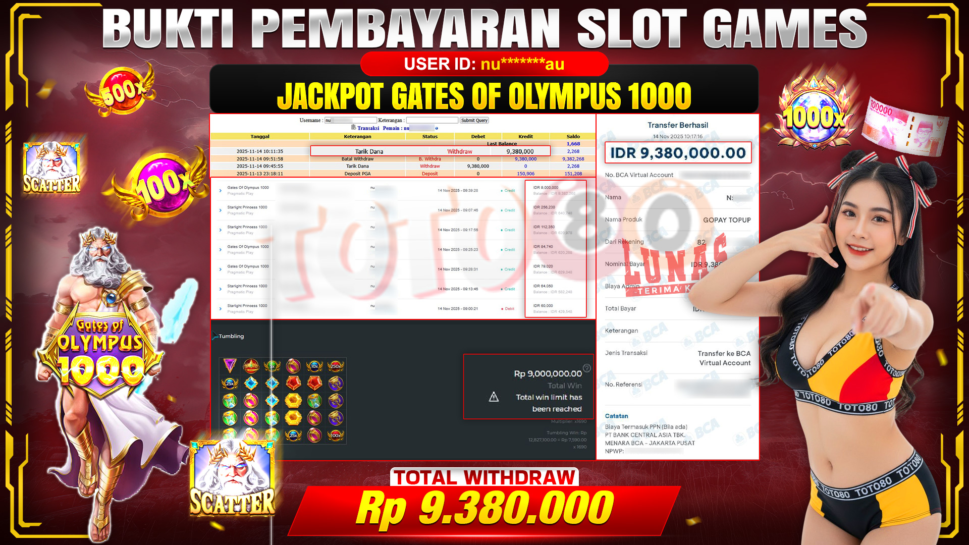 🎉 TOTO80 – JACKPOT SLOT GATES OF OLYMPUS 1000 RP.9,380,000,- TELAH DIBAYARKAN! 🎉