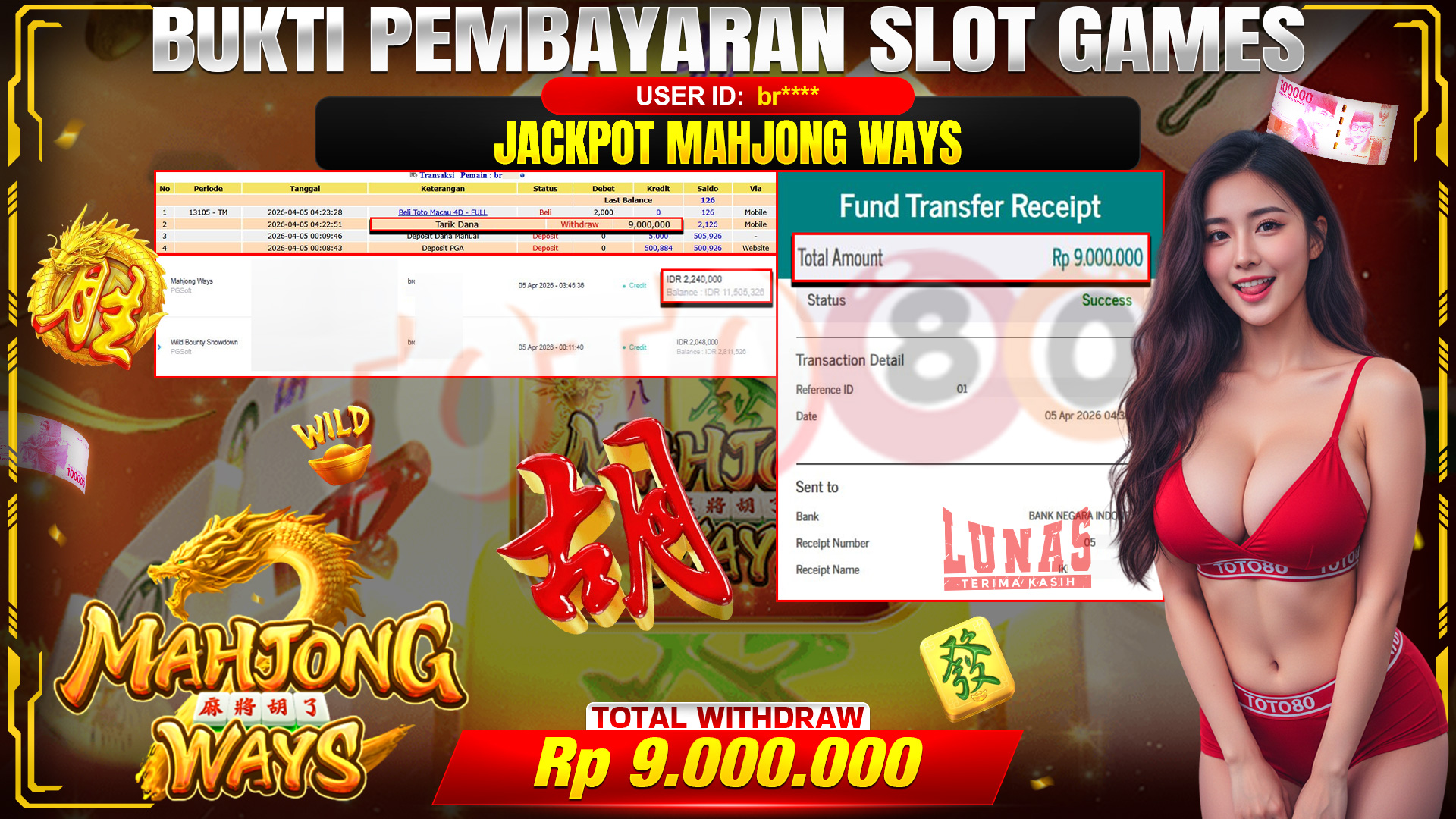 💰🎉 TOTO80 – JACKPOT SLOT MAHJONG WAYS  RP. 9,000,000,-  TELAH DIBAYARKAN!💰🎉