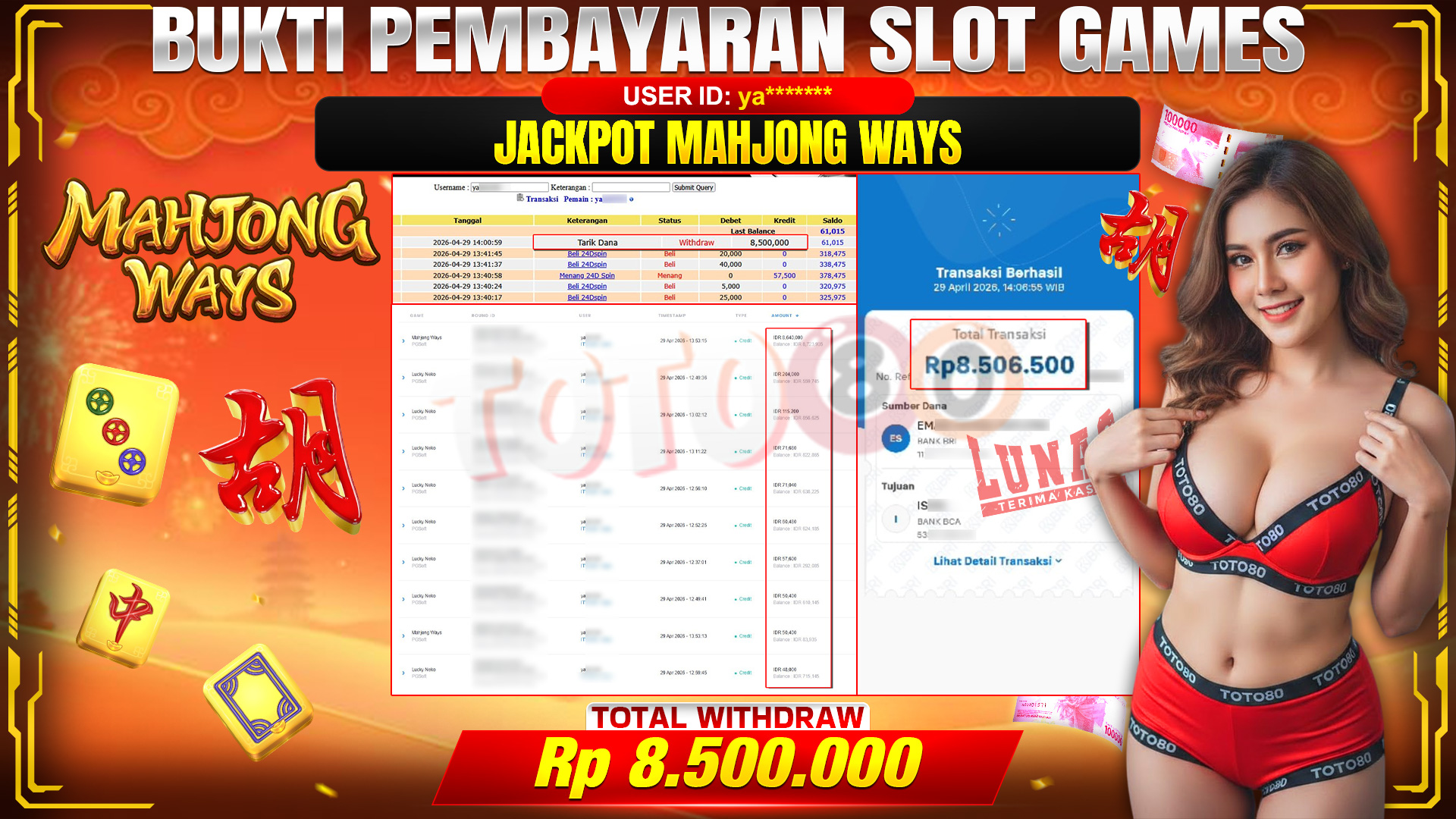 💰🎉 TOTO80 – JACKPOT SLOT MAHJONG WAYS RP. 8,500,000,-  TELAH DIBAYARKAN!💰🎉