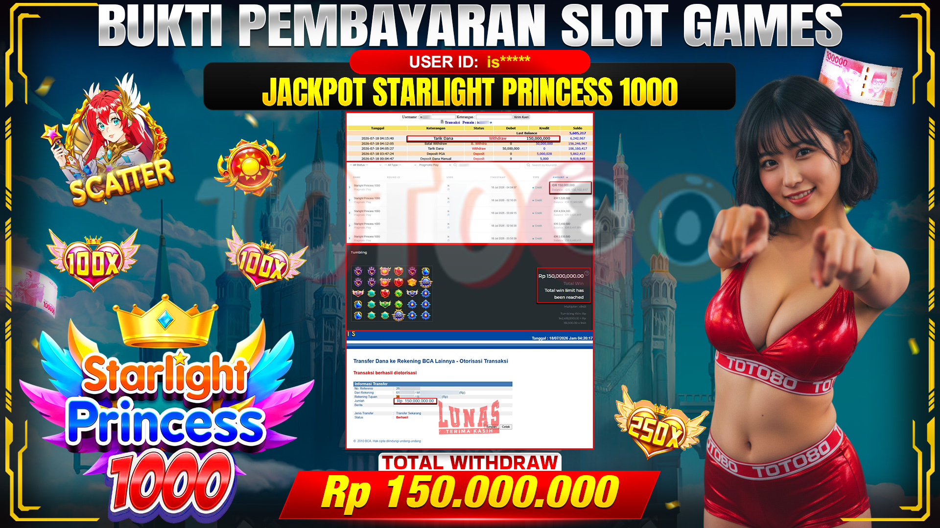 💰🎉 TOTO80 – JACKPOT SLOT STARLIGHT PRINCESS 1000 RP. 150,000,000,- TELAH DIBAYARKAN!💰🎉