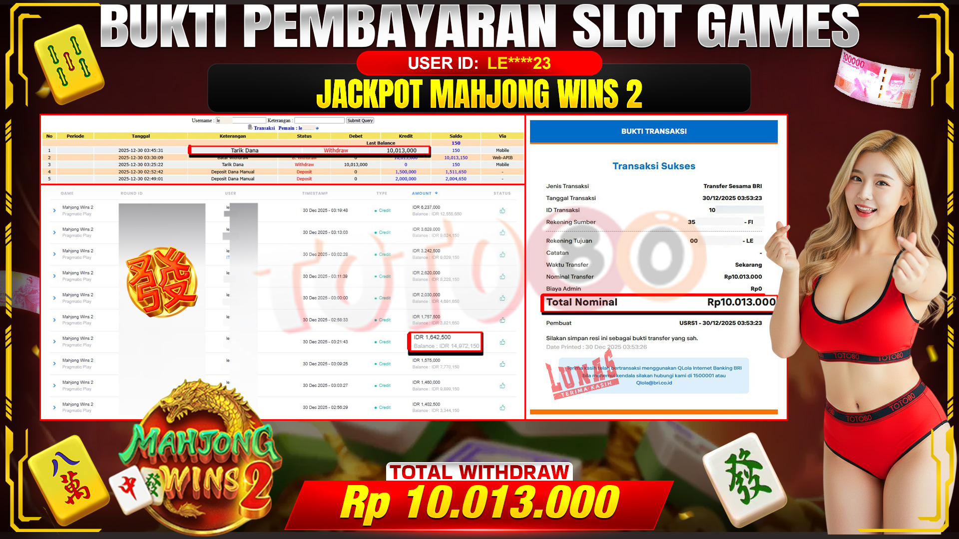🎉 TOTO80 – JACKPOT SLOT MAHJONG WINS 2 RP. 10,013,000,- TELAH DIBAYARKAN! 🎉