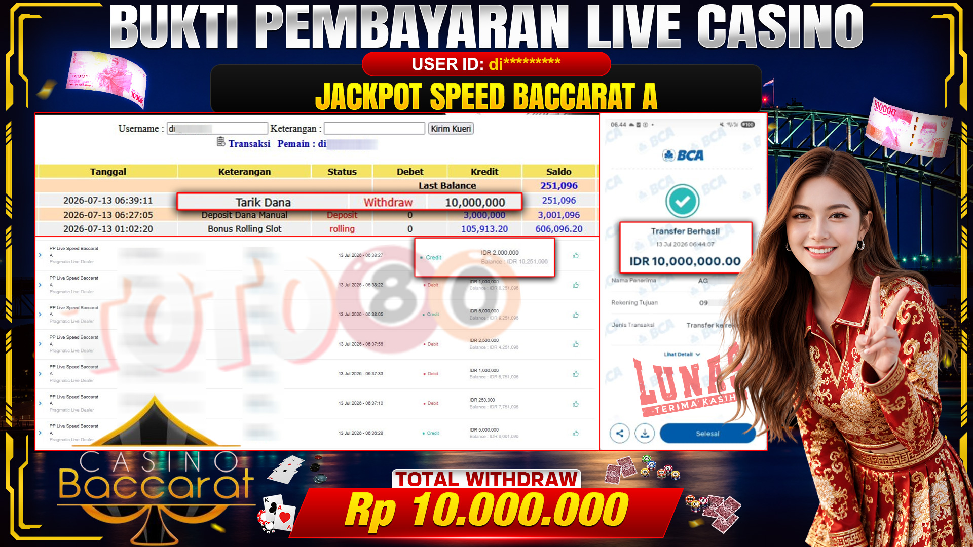 💰🎉 TOTO80 – JACKPOT PP LIVE SPEED BACCARAT A RP. 10,000,000,- TELAH DIBAYARKAN!💰🎉
