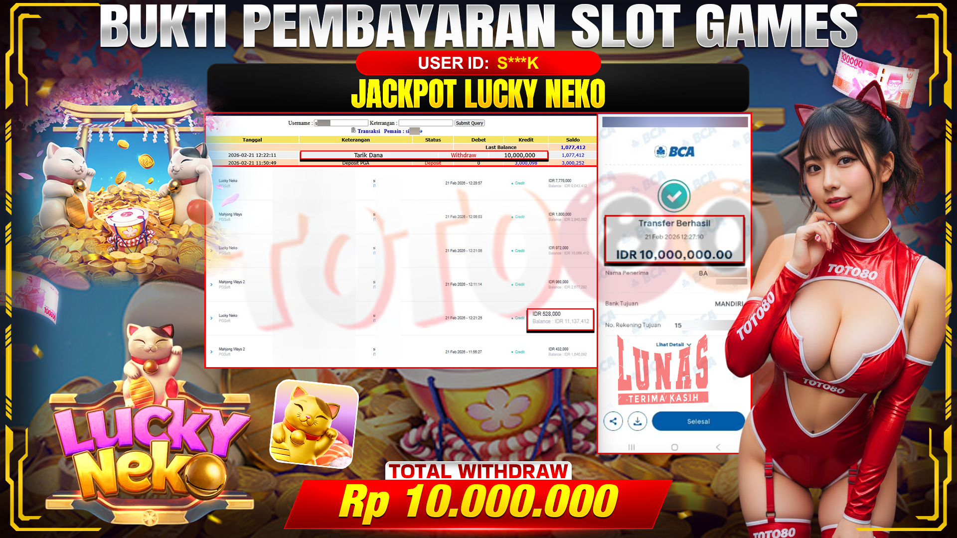 🎉 TOTO80 – JACKPOT SLOT LUCKY NEKO . 10,000,000,- TELAH DIBAYARKAN! 🎉