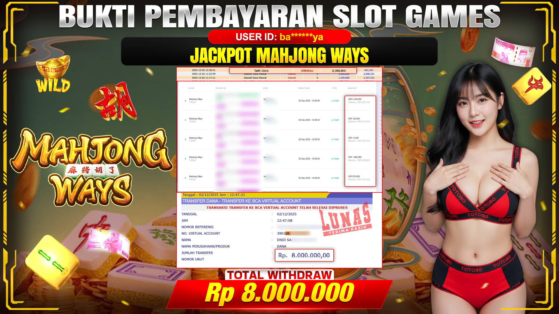 🎉 TOTO80 – JACKPOT SLOT MAHJONG WAYS RP. 8,000,000,- TELAH DIBAYARKAN! 🎉
