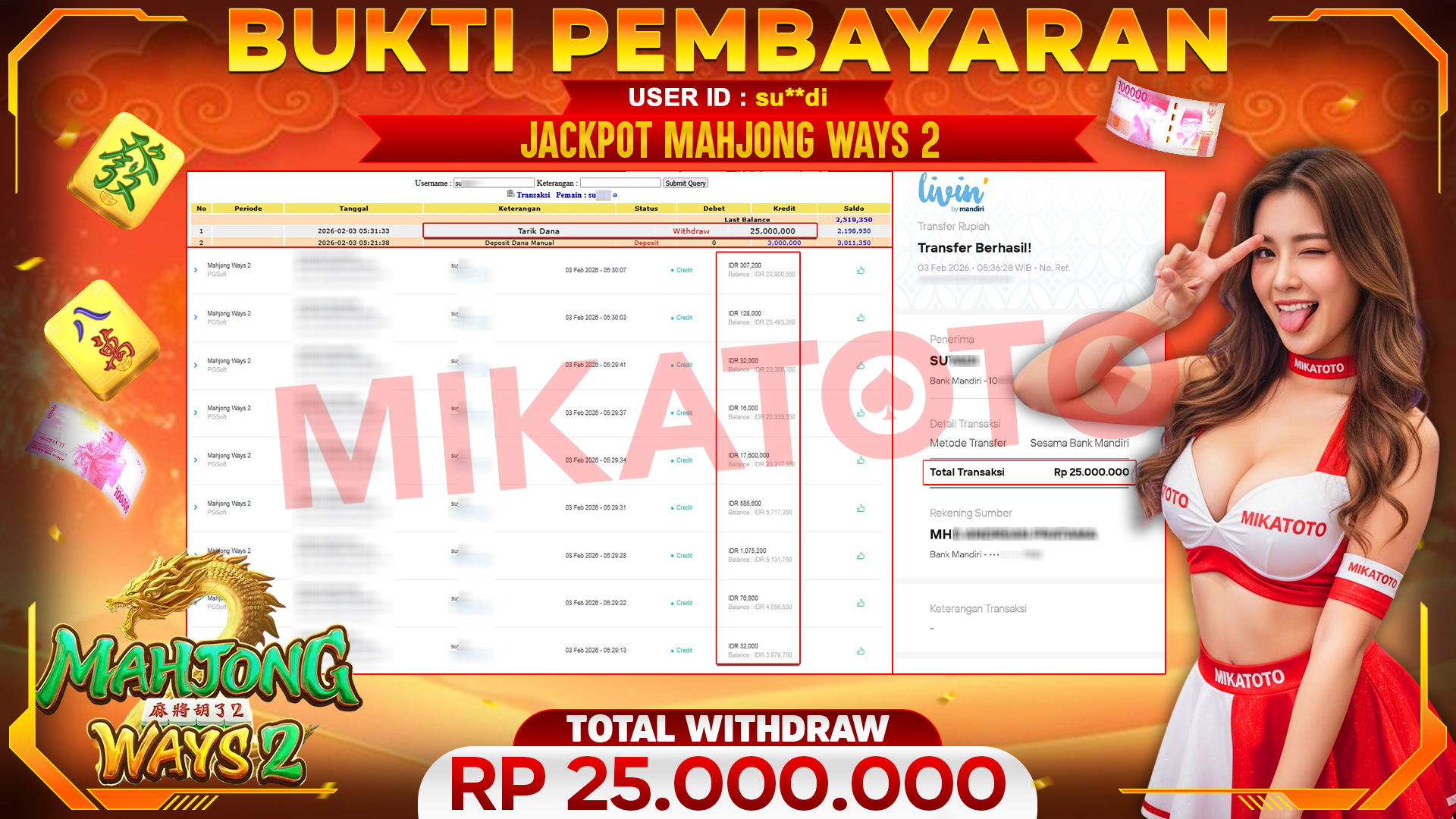 🏆 SELAMAT KEPADA PEMENANG JACKPOT DI Mahjong Ways 2 - PGSoft 25,000,000🏆