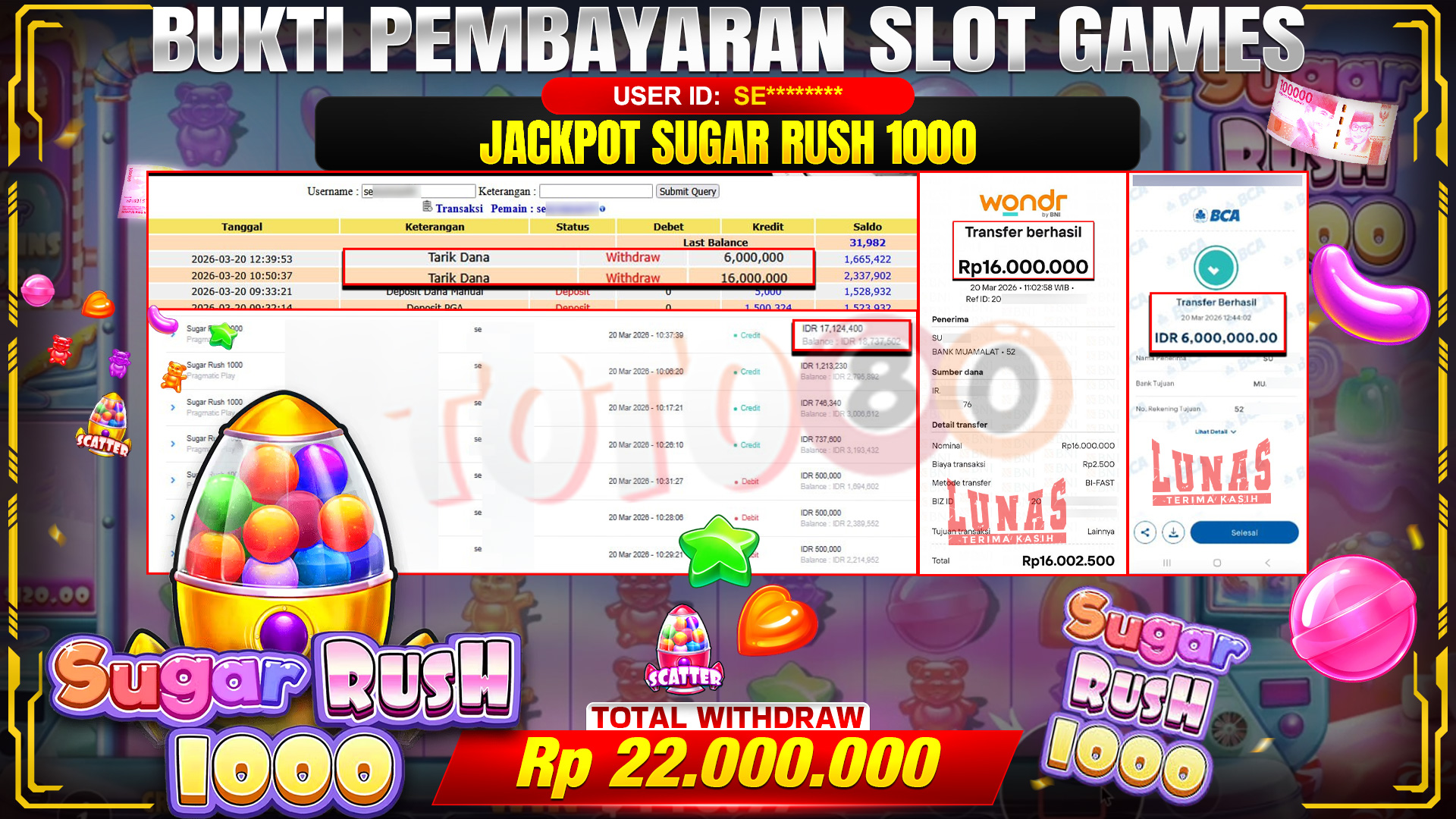 💰🎉 TOTO80 – JACKPOT SLOT SUGAR RUSH 1000 RP. 22,000,000,- TELAH DIBAYARKAN!💰🎉