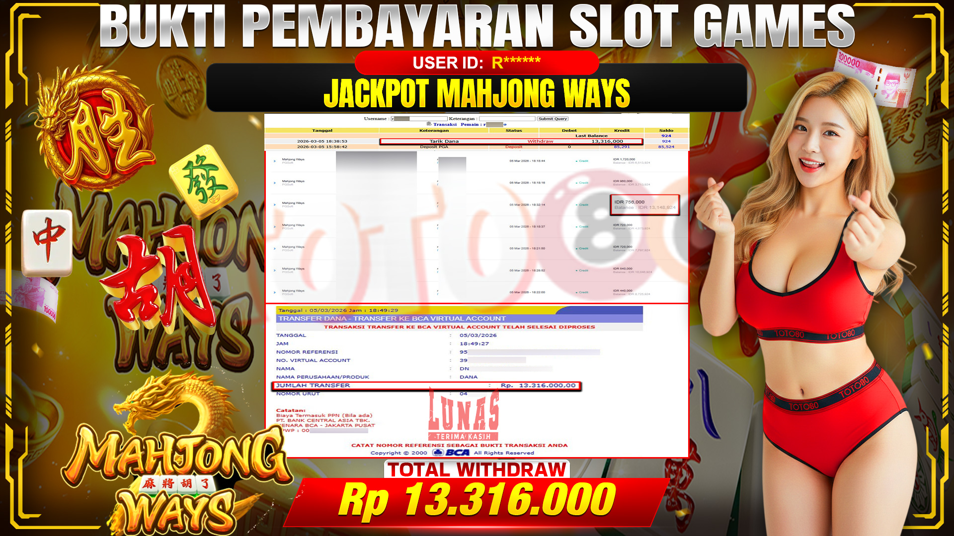 🎉 TOTO80 – JACKPOT SLOT MAHJONG WAYS RP. 13,316,000,- TELAH DIBAYARKAN! 🎉