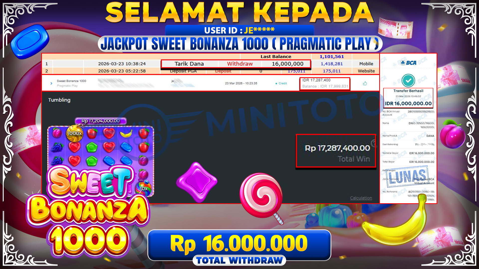 BUKTI JACPOT Sweet Bonanza 1000 - Pragmatic Play