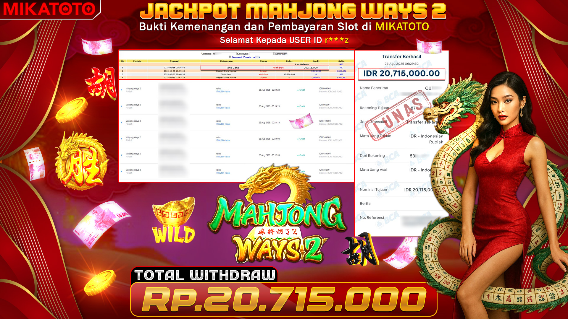 🏆 SELAMAT KEPADA PEMENANG JACKPOT DI Mahjong Ways 2 - PGSoft 20,715,000🏆