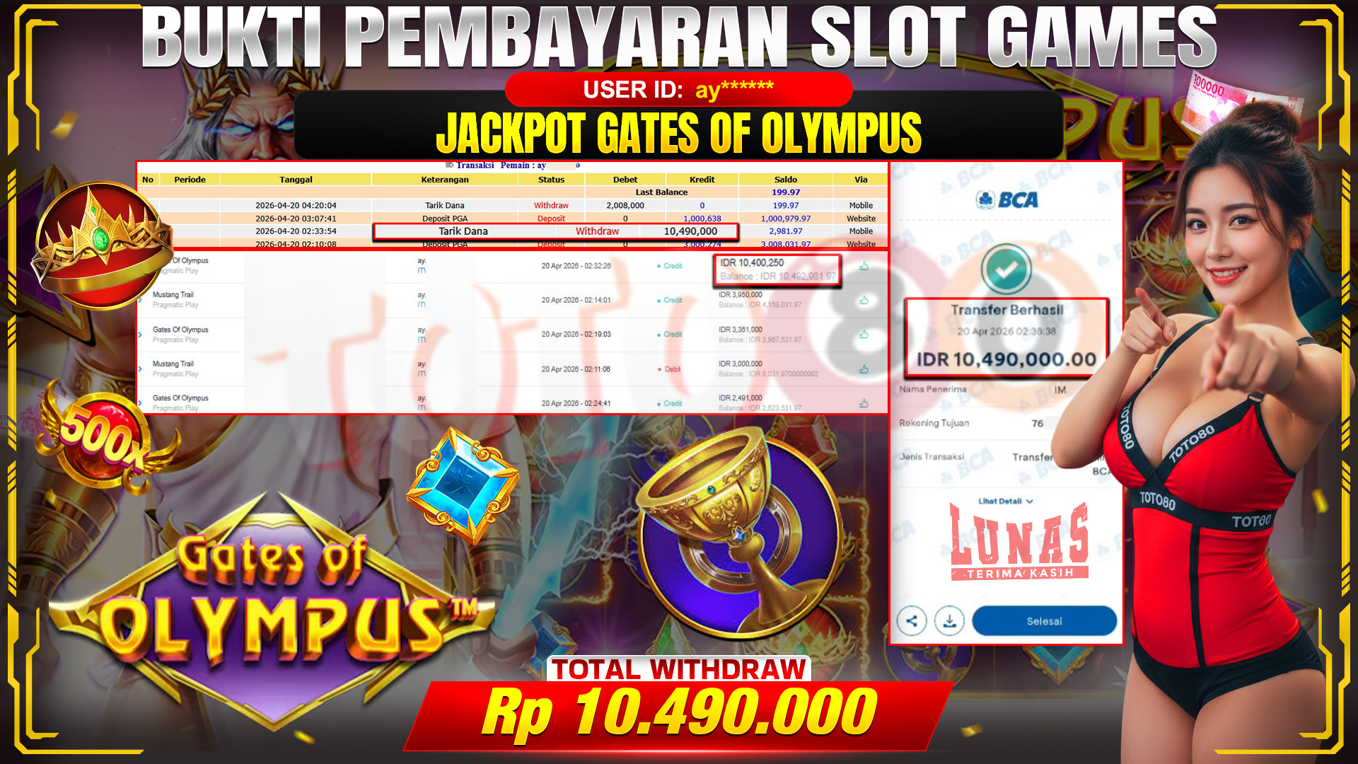 💰🎉TOTO80 – JACKPOT SLOT GATES OF OLYMPUS  RP.10,490,000,- TELAH DIBAYARKAN! 💰🎉