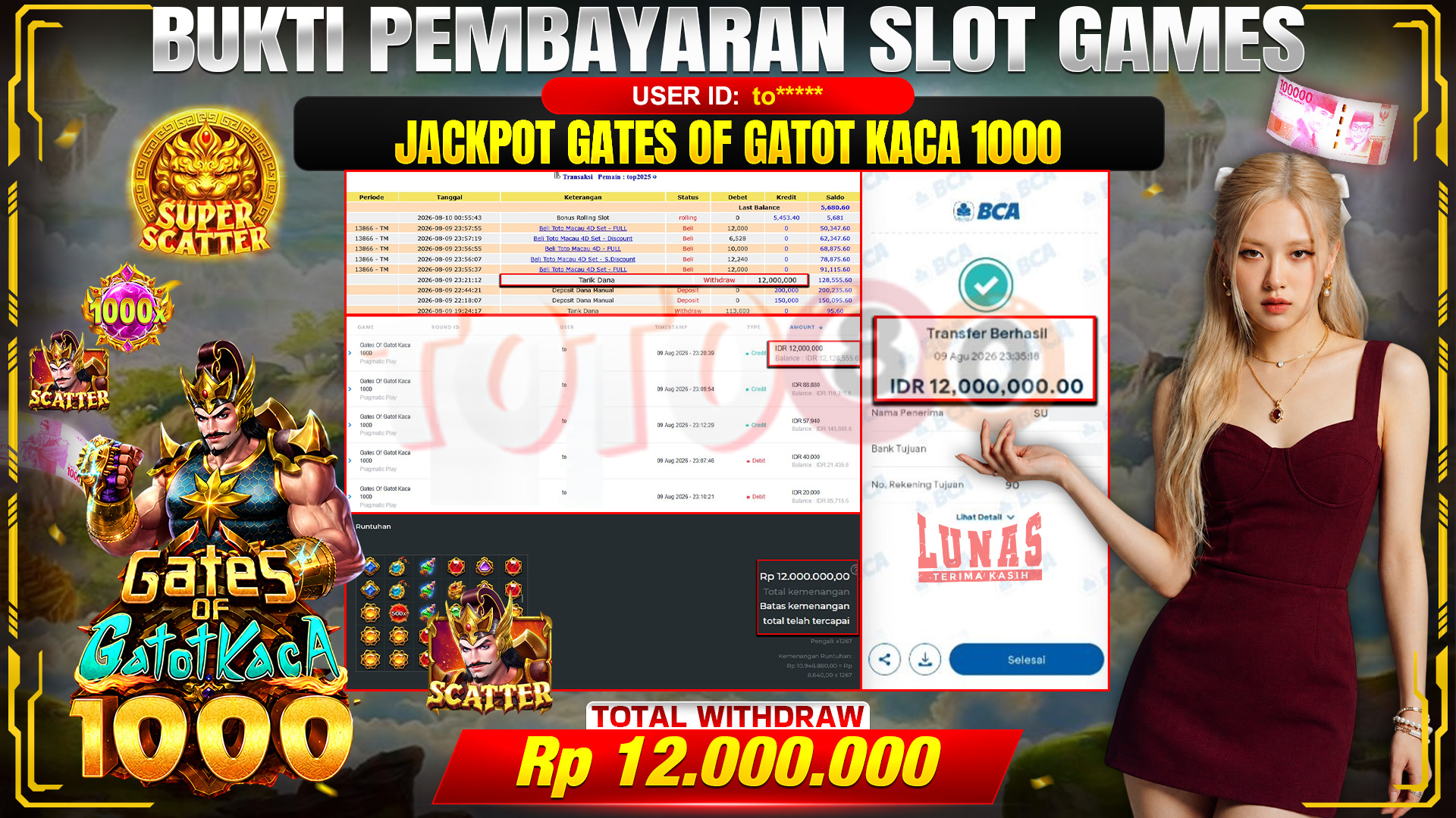💰🎉 TOTO80 – JACKPOT SLOT GATES OF GATOT KACA  1000 RP. 12.000.000,- TELAH DIBAYARKAN! 💰🎉