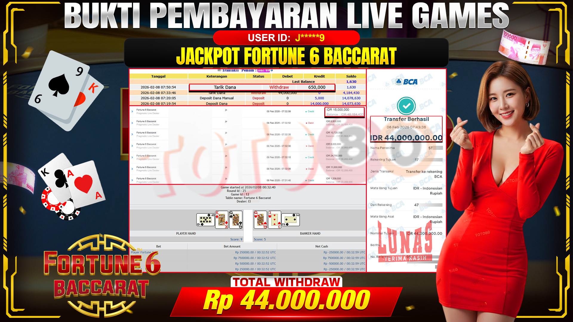 🎉 TOTO80 – JACKPOT FORTUNE 6 BACCARAT RP. 44,000,000,- TELAH DIBAYARKAN! 🎉