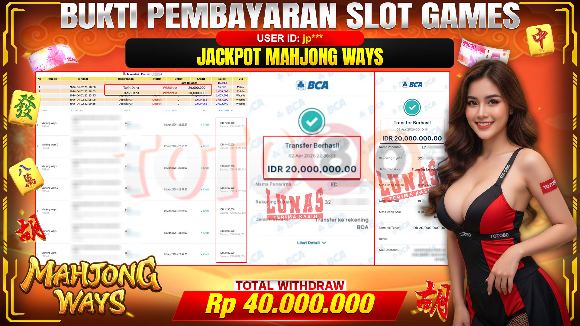 💰🎉 TOTO80 – JACKPOT SLOT MAHJONG WAYS  RP. 40,000,000,- TELAH DIBAYARKAN!💰🎉