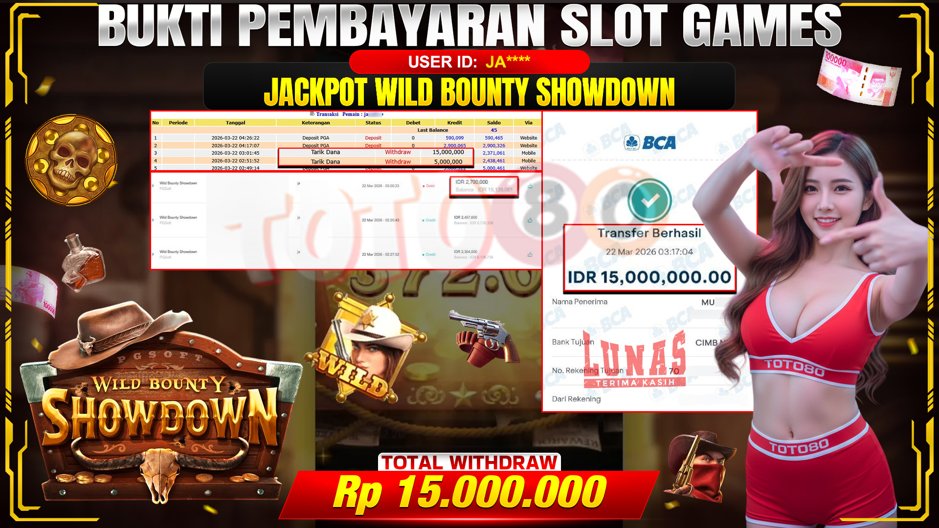 💰🎉 TOTO80 – JACKPOT SLOT WILD BOUNTY SHOWDOWN RP. 15,000,000,- TELAH DIBAYARKAN! 💰🎉