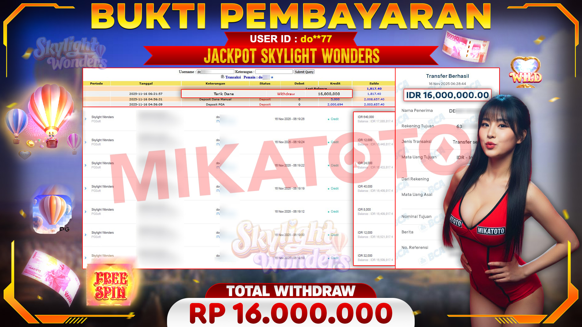 🏆 SELAMAT KEPADA PEMENANG JACKPOT DI Skylight Wonders - PGSoft 16,000,000🏆