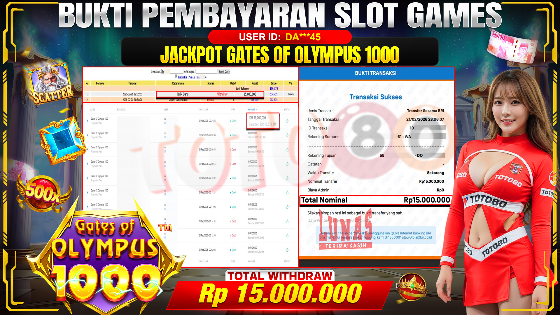 🎉 TOTO80 – JACKPOT SLOT GATES OF OLIMPUS 1000 RP. 15,000,000,- TELAH DIBAYARKAN! 🎉