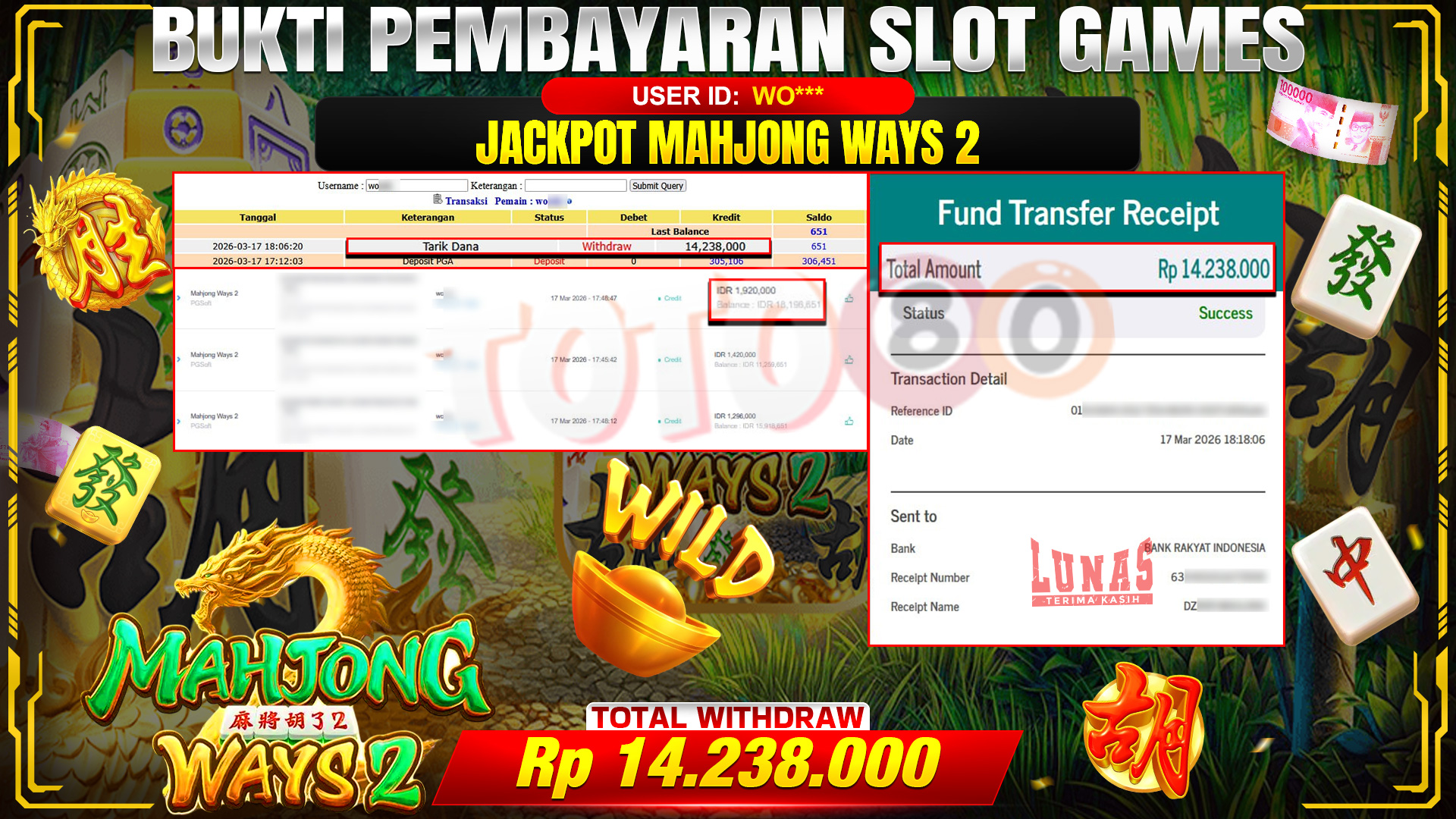 💰🎉 TOTO80 – JACKPOT SLOT MAHJONG WAYS 2 RP. 14,238,000,- TELAH DIBAYARKAN!💰🎉