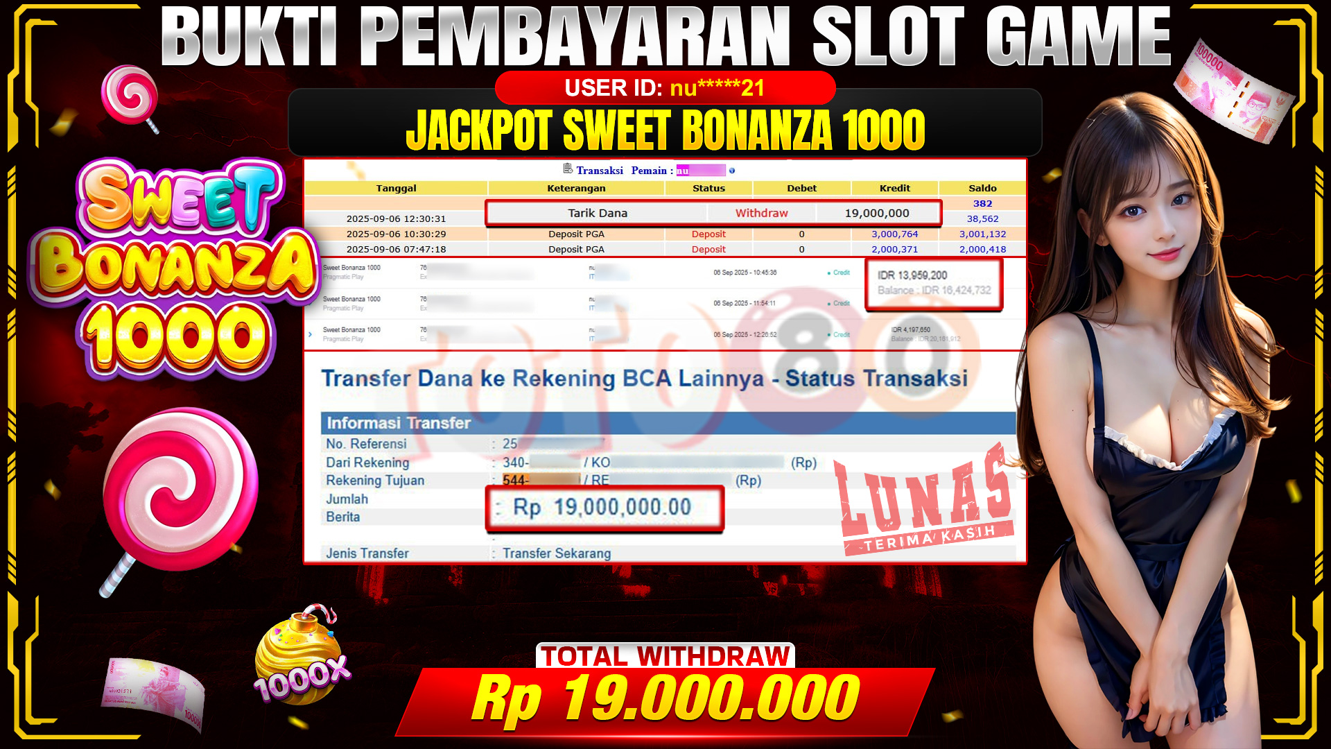 🎉 TOTO80 – JACKPOT SLOT SWEET BONANZA 1000 RP.19,000,000,- TELAH DIBAYARKAN! 🎉