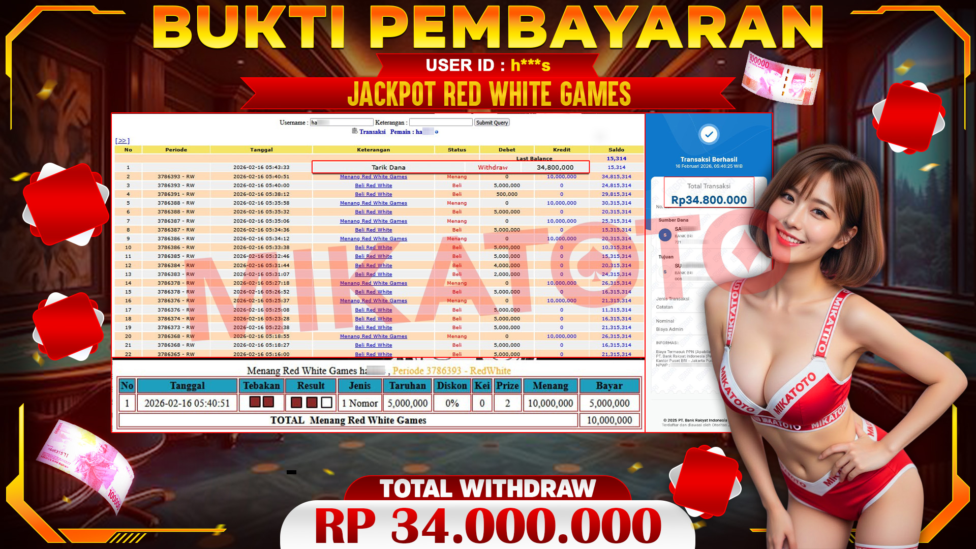 🏆 SELAMAT KEPADA PEMENANG JACKPOT DI Red White Games - Live Game 34,000,000🏆