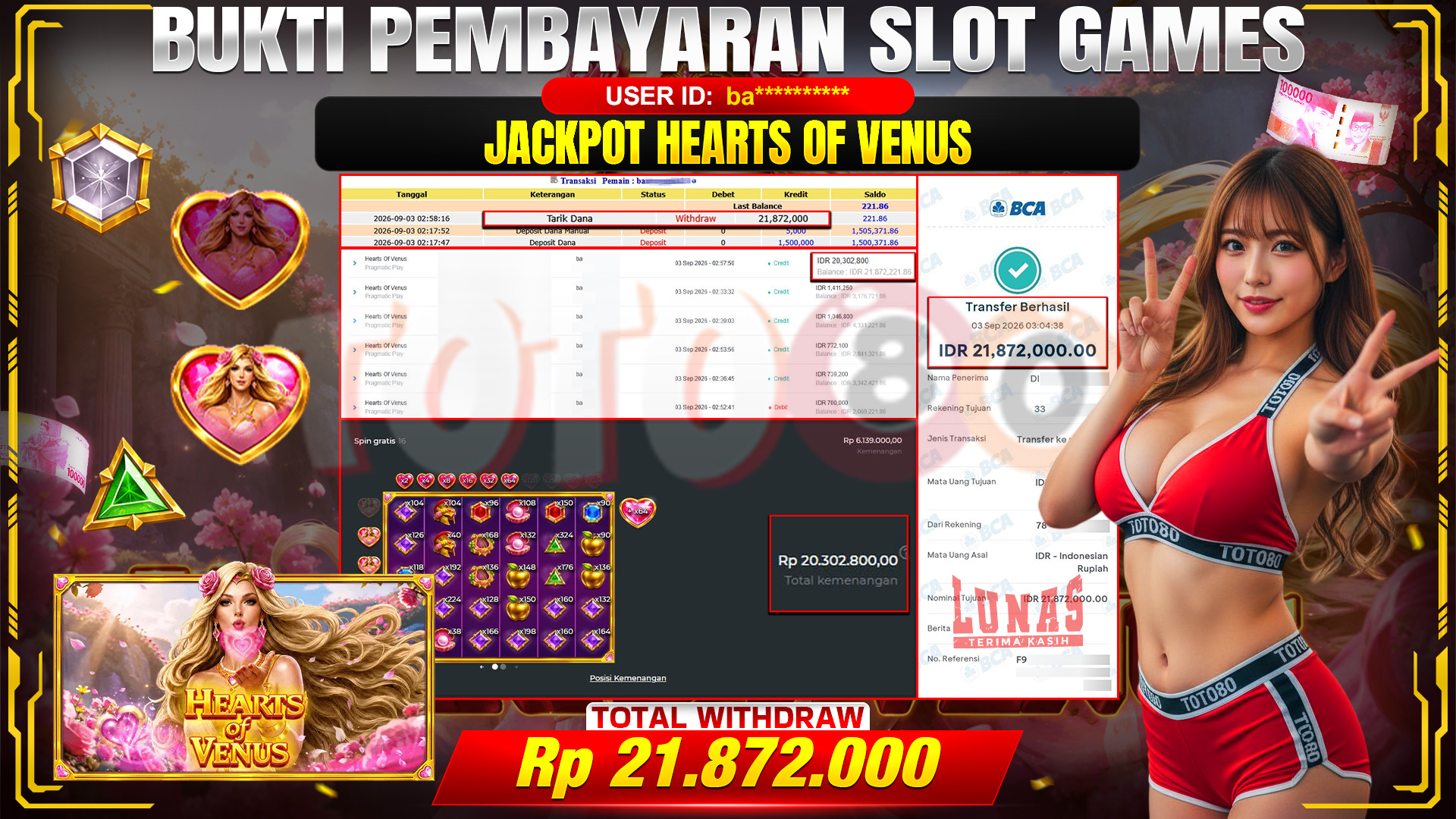 💰🎉 TOTO80 – JACKPOT SLOT HEARTS OF VENUS RP. 21,872,000,- TELAH DIBAYARKAN!💰🎉