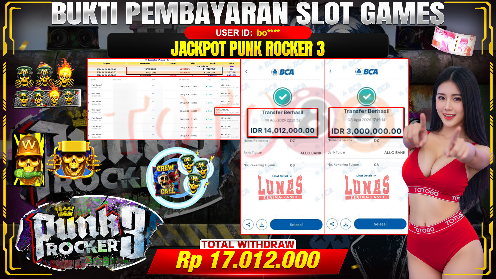 💰🎉 TOTO80 – JACKPOT SLOT PUNK ROCKER 3 RP. 17,012,000,- TELAH DIBAYARKAN! 💰🎉 