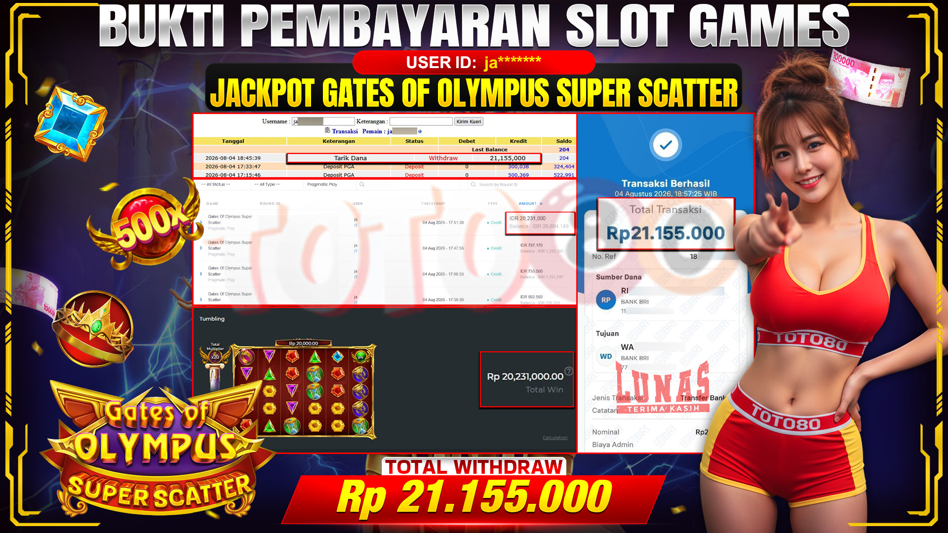💰🎉 TOTO80 – JACKPOT SLOT GATES OF OLYMPUS SUPER SCATTER RP. 21,155,000,-  TELAH DIBAYARKAN!💰🎉