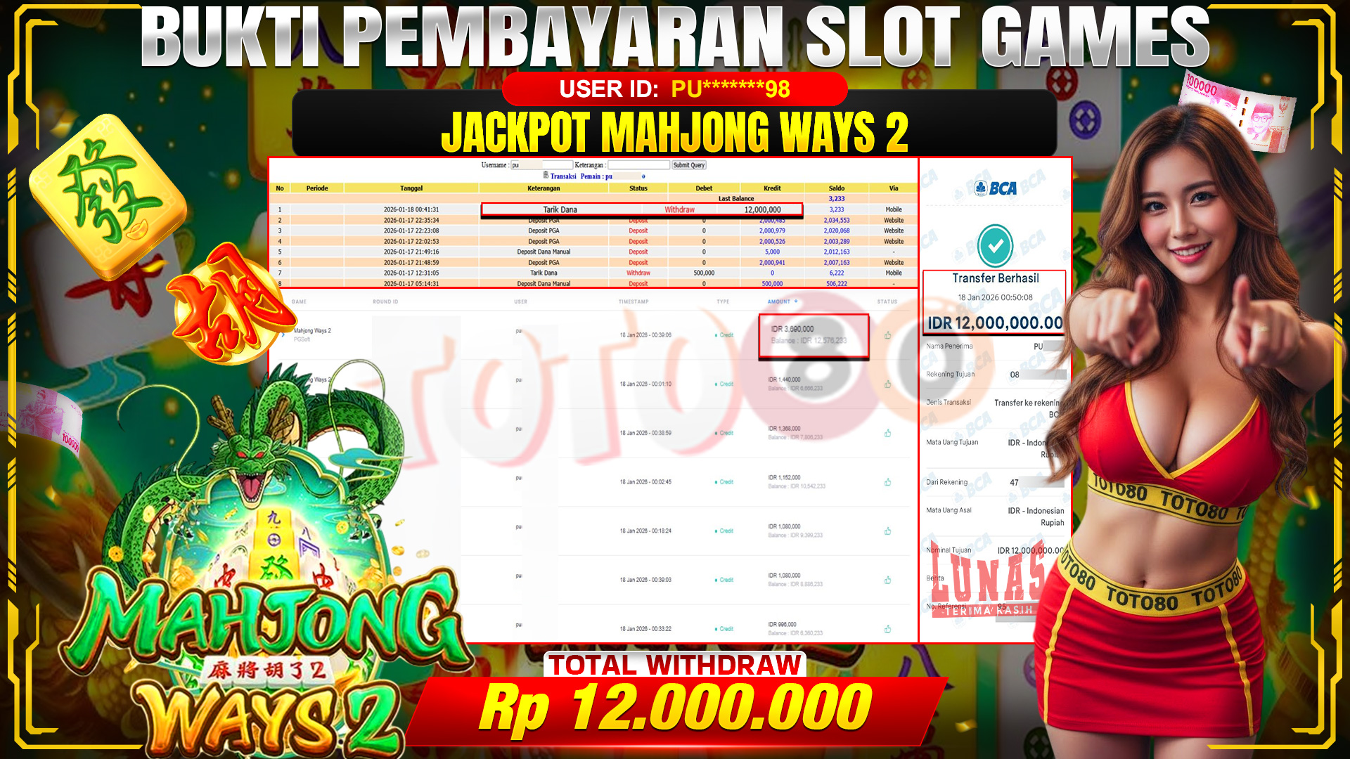 🎉 TOTO80 – JACKPOT SLOT MAHJONG WAYS 2 RP. 12,000,000,- TELAH DIBAYARKAN! 🎉