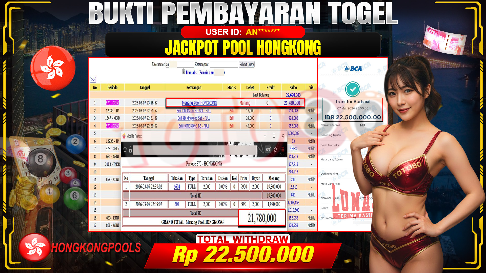 🎉 TOTO80 – JACKPOT POOL HONGKONG RP. 22,500,000,- TELAH DIBAYARKAN! 🎉
