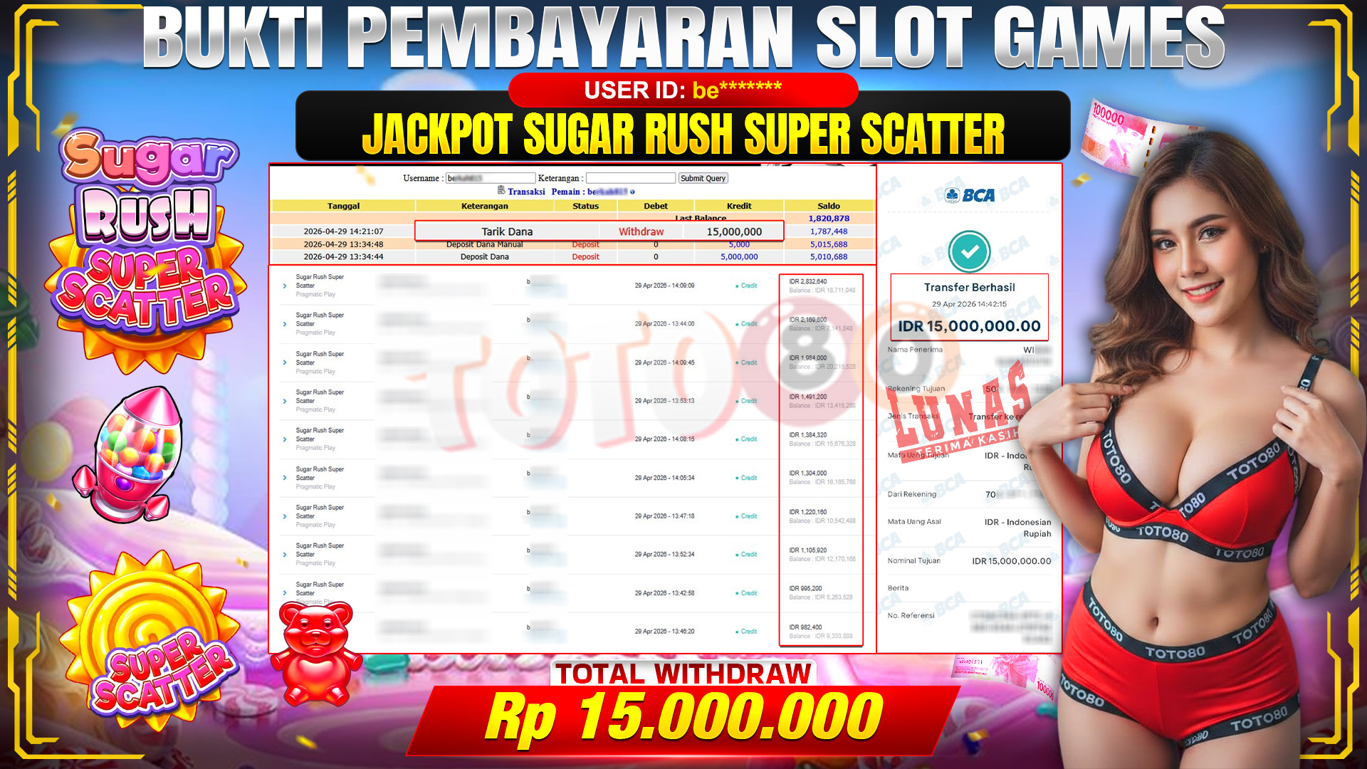 💰🎉 TOTO80 – JACKPOT SLOT SUGAR RUSH SUPER SCATTER RP. 15,000,000,- TELAH DIBAYARKAN!💰🎉