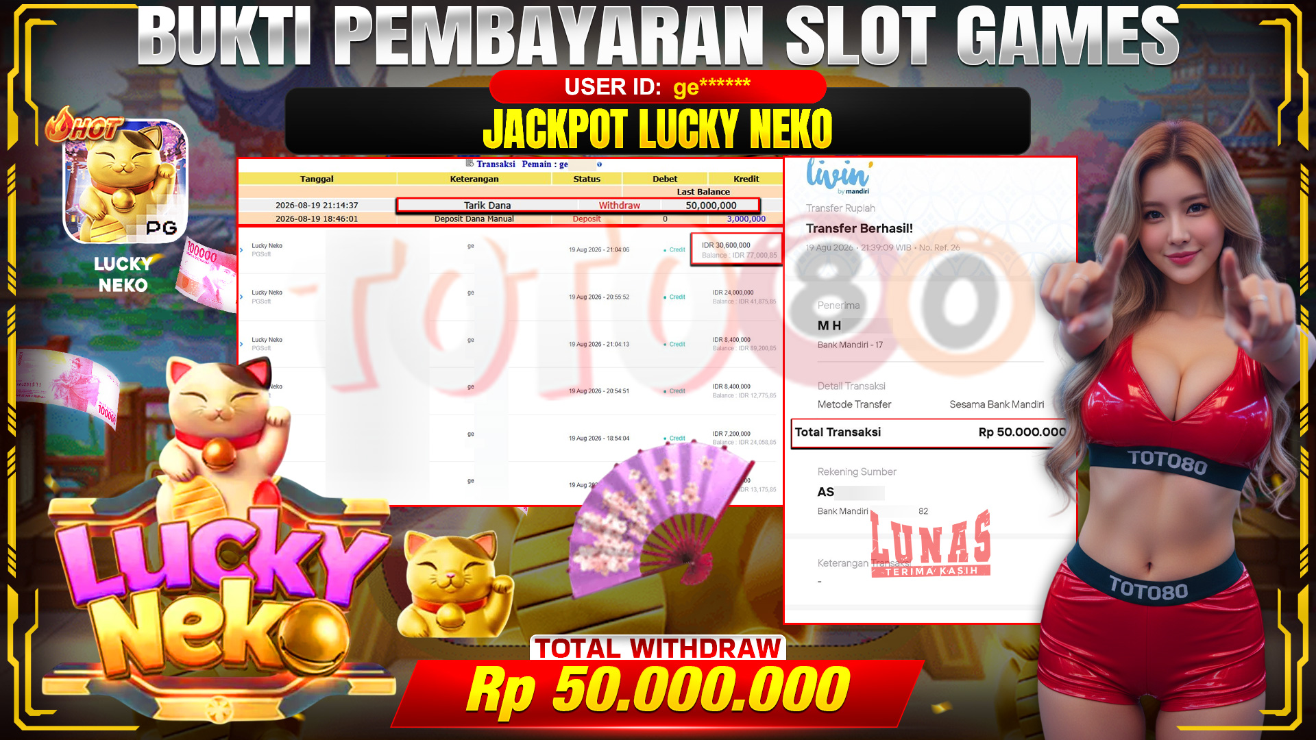 💰🎉  TOTO80 – JACKPOT SLOT LUCKY NEKO RP. 50,000,000,- TELAH DIBAYARKAN! 💰🎉 