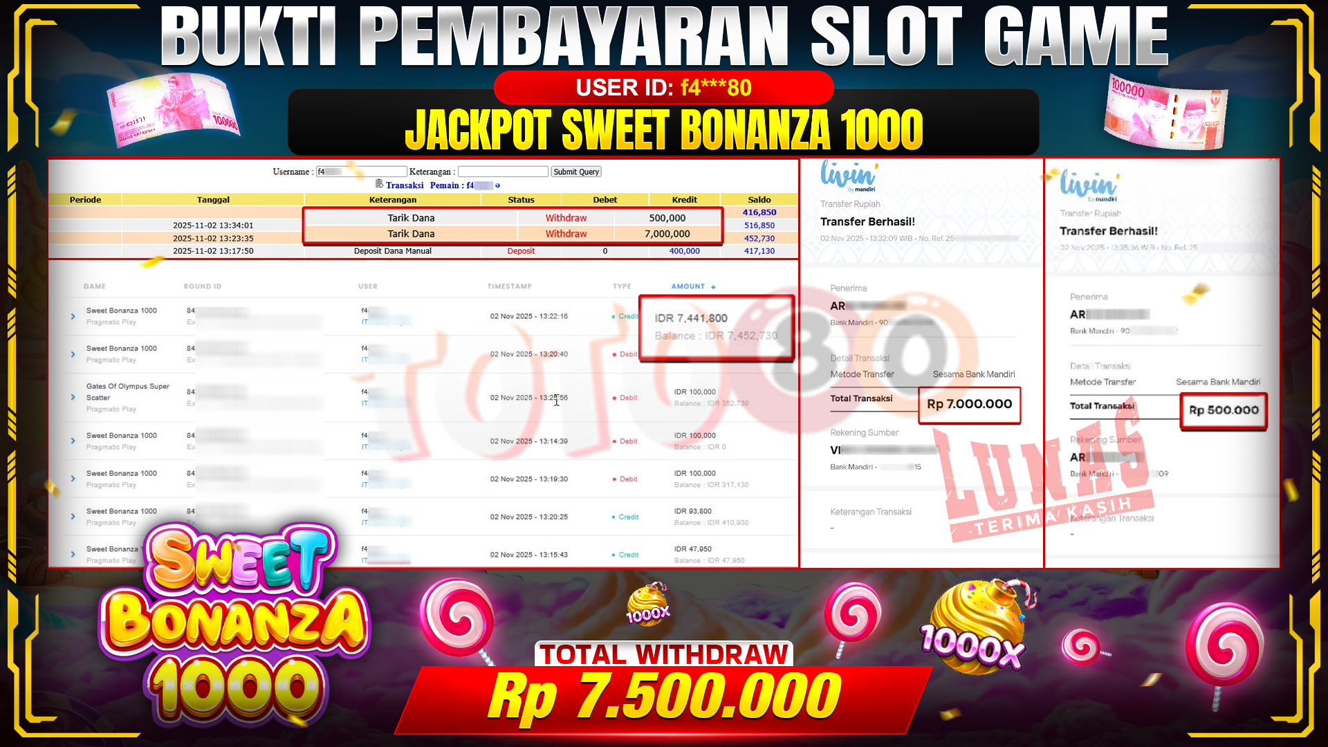 🎉 TOTO80 – JACKPOT SLOT SWEET BONANZA 1000 RP.7.500.000,- TELAH DIBAYARKAN! 🎉