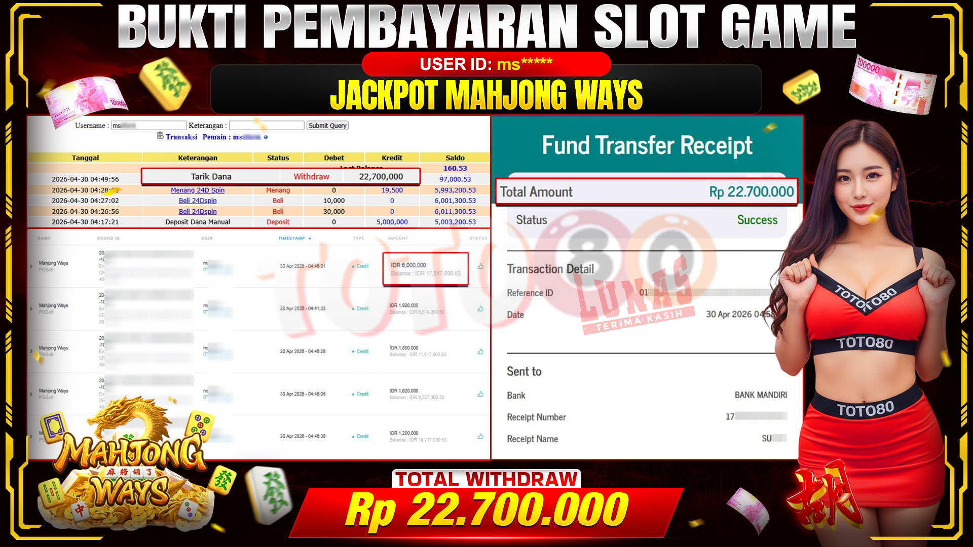 💰🎉 TOTO80 – JACKPOT SLOT MAHJONG WAYS RP. 22,700,000,-  TELAH DIBAYARKAN!💰🎉