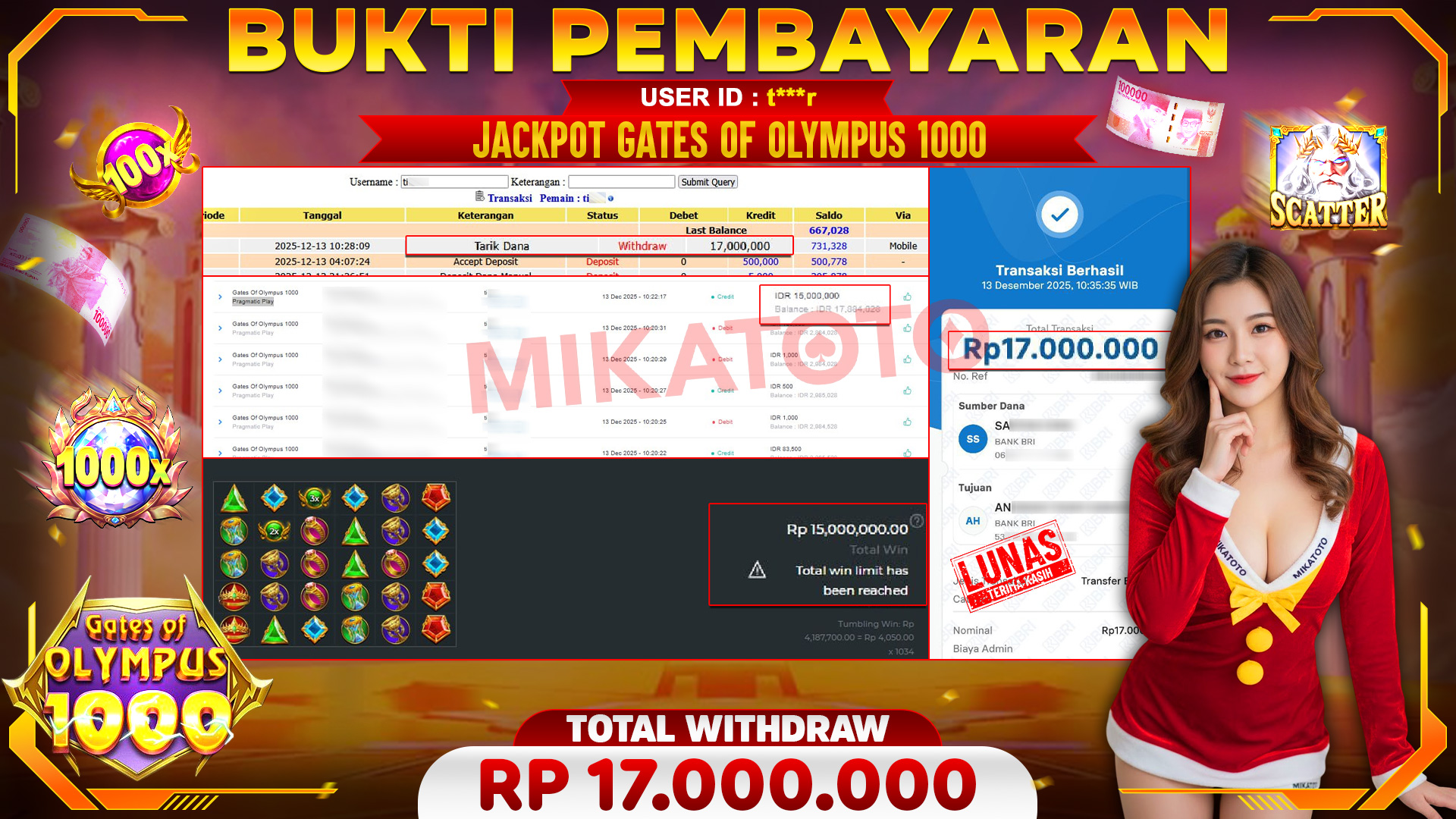 🏆 SELAMAT KEPADA PEMENANG JACKPOT DI Gates Of Olympus 1000 - Pragmatic Play 17,000,000🏆