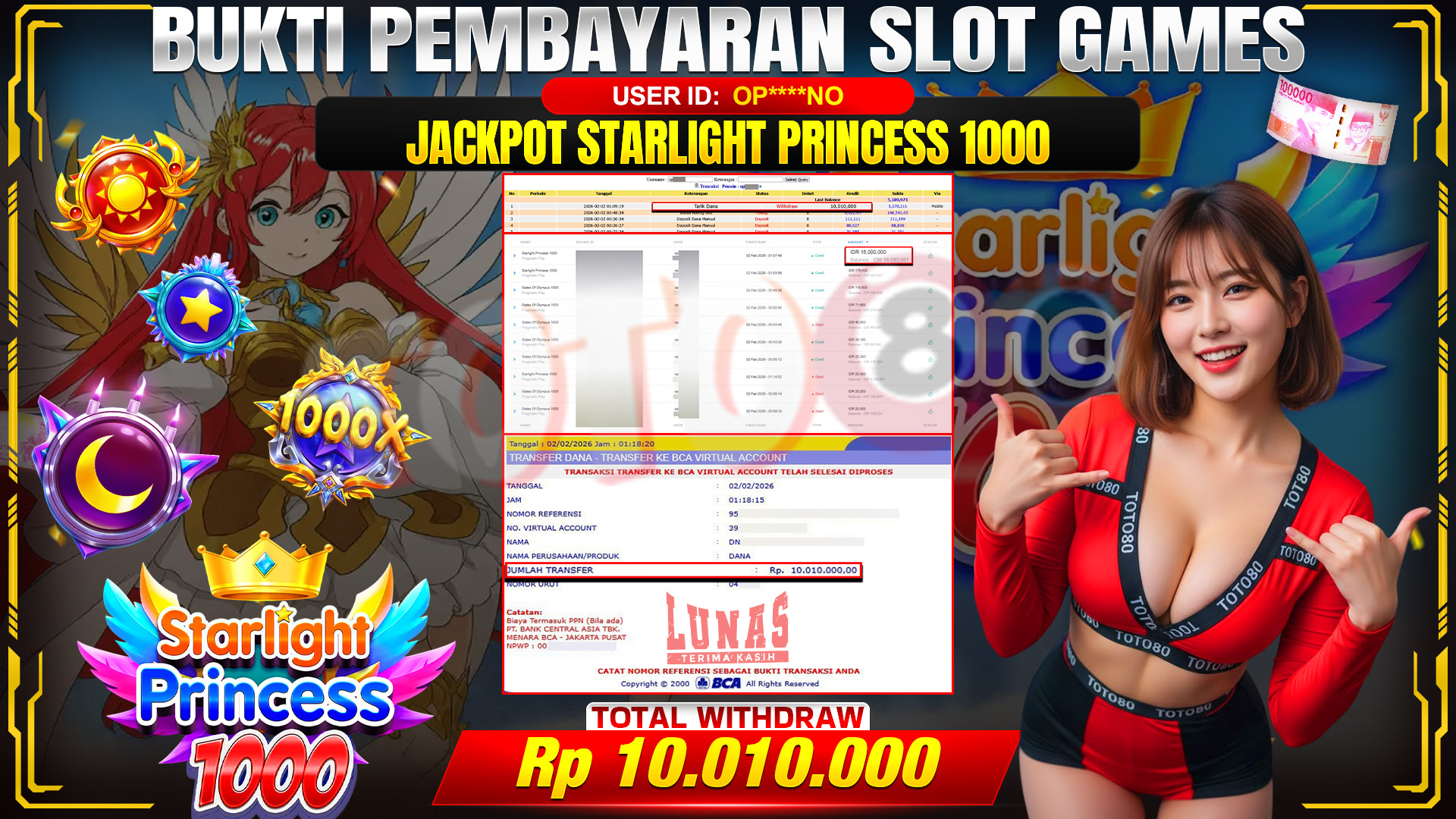 🎉 TOTO80 – JACKPOT SLOT STARLIGHT PRINCES 1000 RP. 10,010,000,- TELAH DIBAYARKAN! 🎉