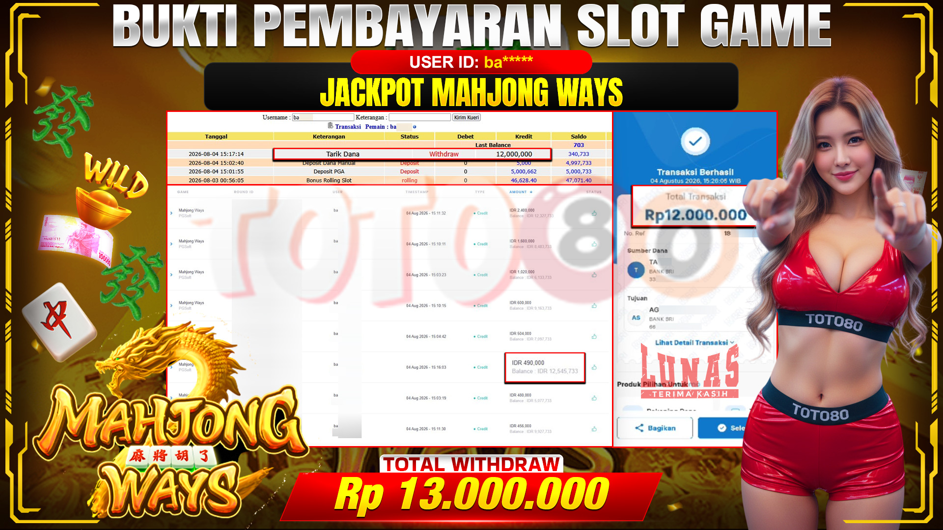 💰🎉 TOTO80 – JACKPOT SLOT MAHJONG  WAYS  RP. 13,000,000,-  TELAH DIBAYARKAN!💰🎉