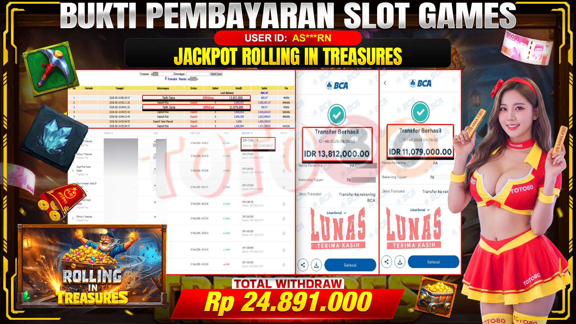 🎉 TOTO80 – JACKPOT ROLLING IN TREASURE RP. 24,891,000,- TELAH DIBAYARKAN! 🎉
