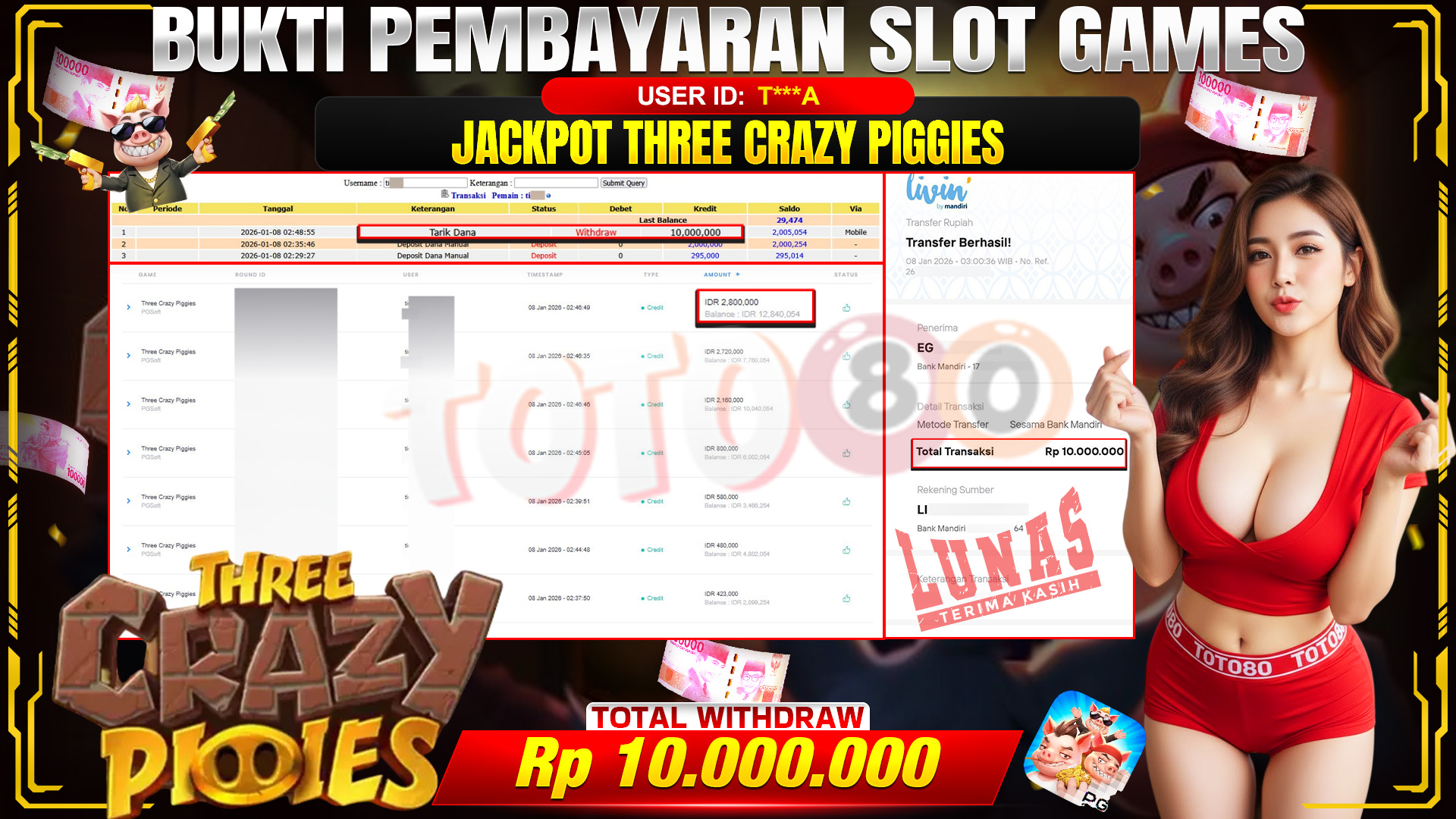 🎉 TOTO80 – JACKPOT THREE CRAZY PIGGIES RP.10,000,000,- TELAH DIBAYARKAN! 🎉