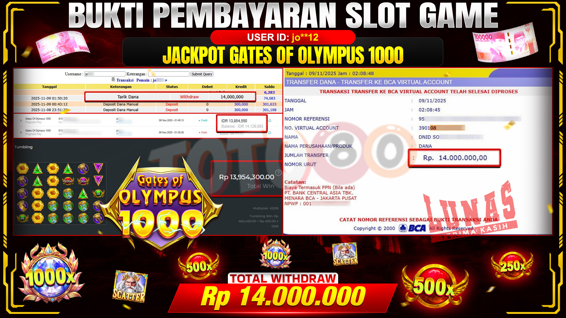 🎉 TOTO80 – JACKPOT SLOT GATES OF OLYMPUS 1000 RP.14,000,000,- TELAH DIBAYARKAN! 🎉