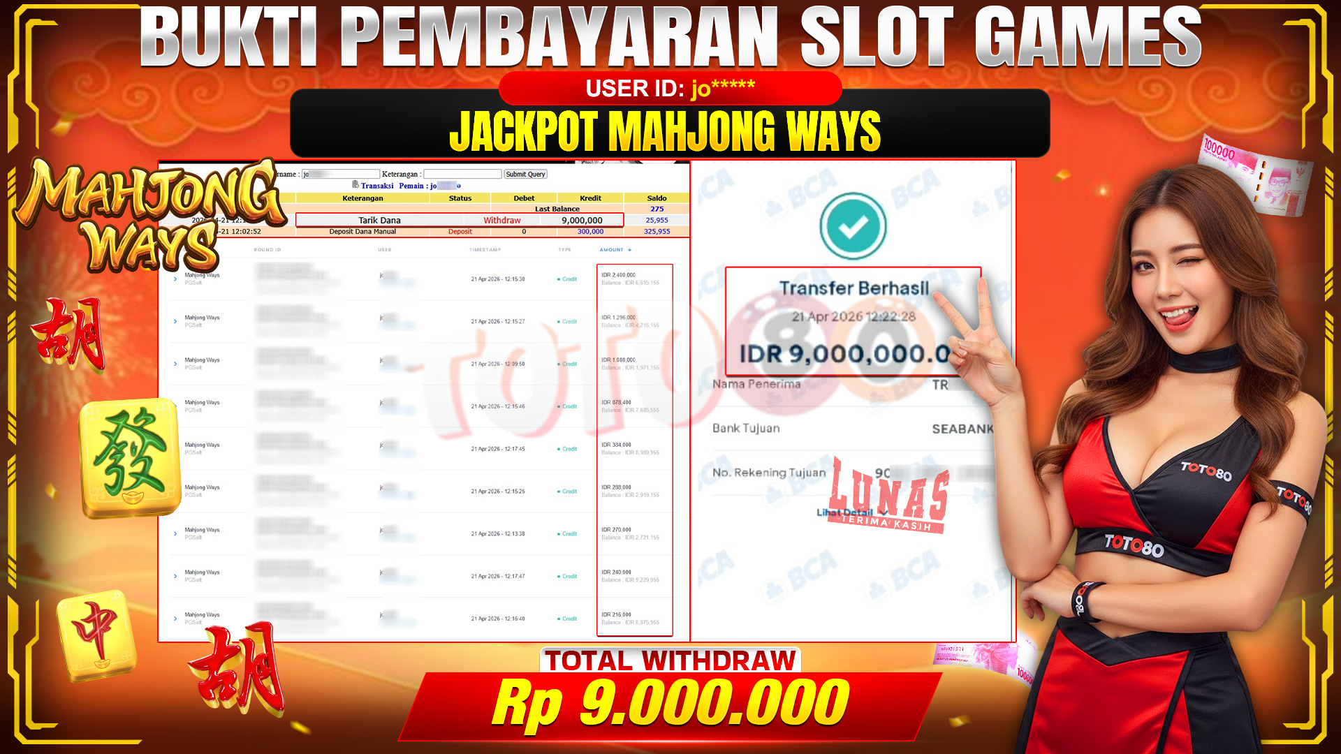 💰🎉 TOTO80 – JACKPOT SLOT MAHJONG WAYS RP. 9,000,000,- TELAH DIBAYARKAN!💰🎉