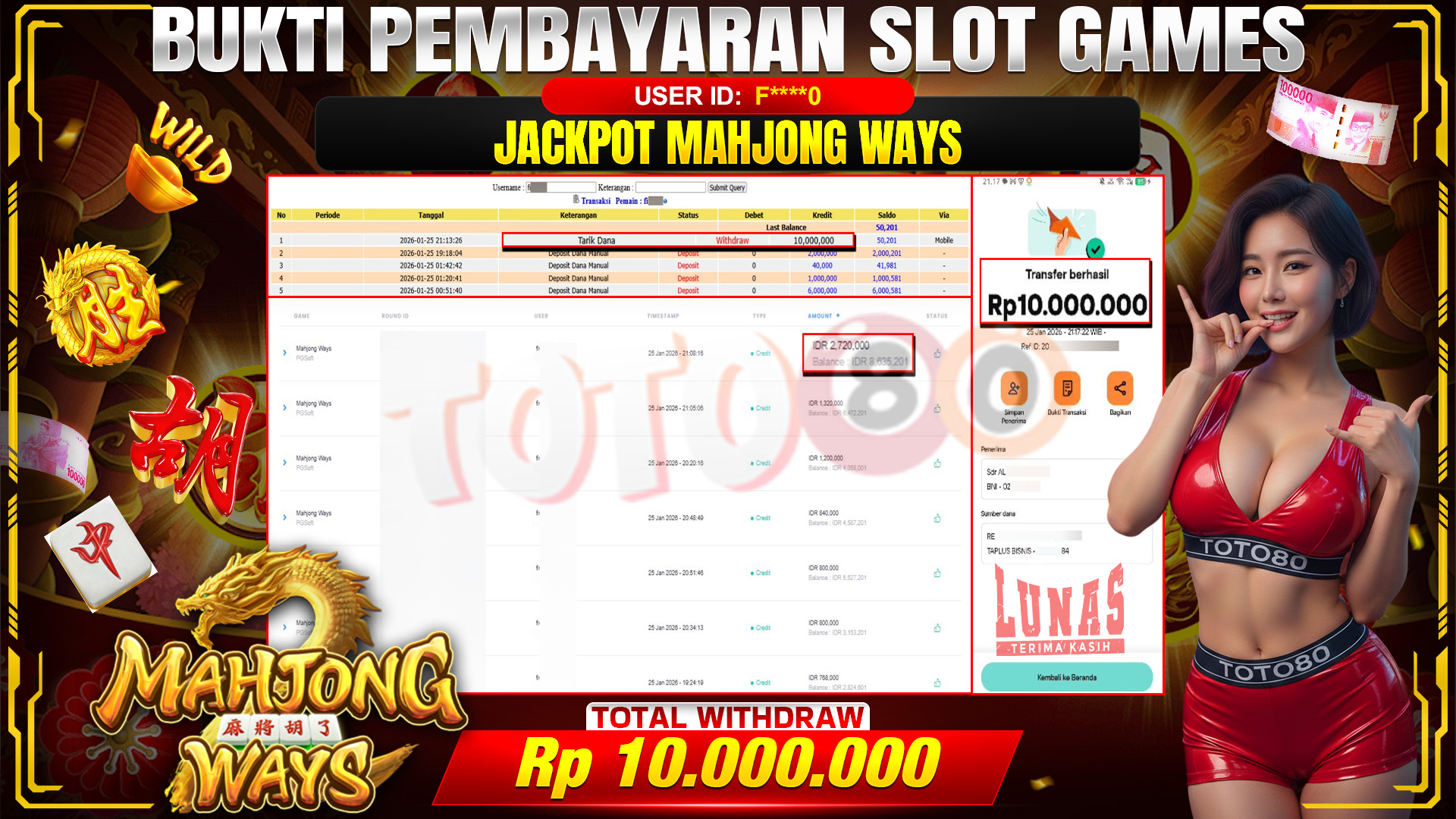 🎉 TOTO80 – JACKPOT SLOT MAHJONG WAYS RP. 10,000,000,- TELAH DIBAYARKAN! 🎉