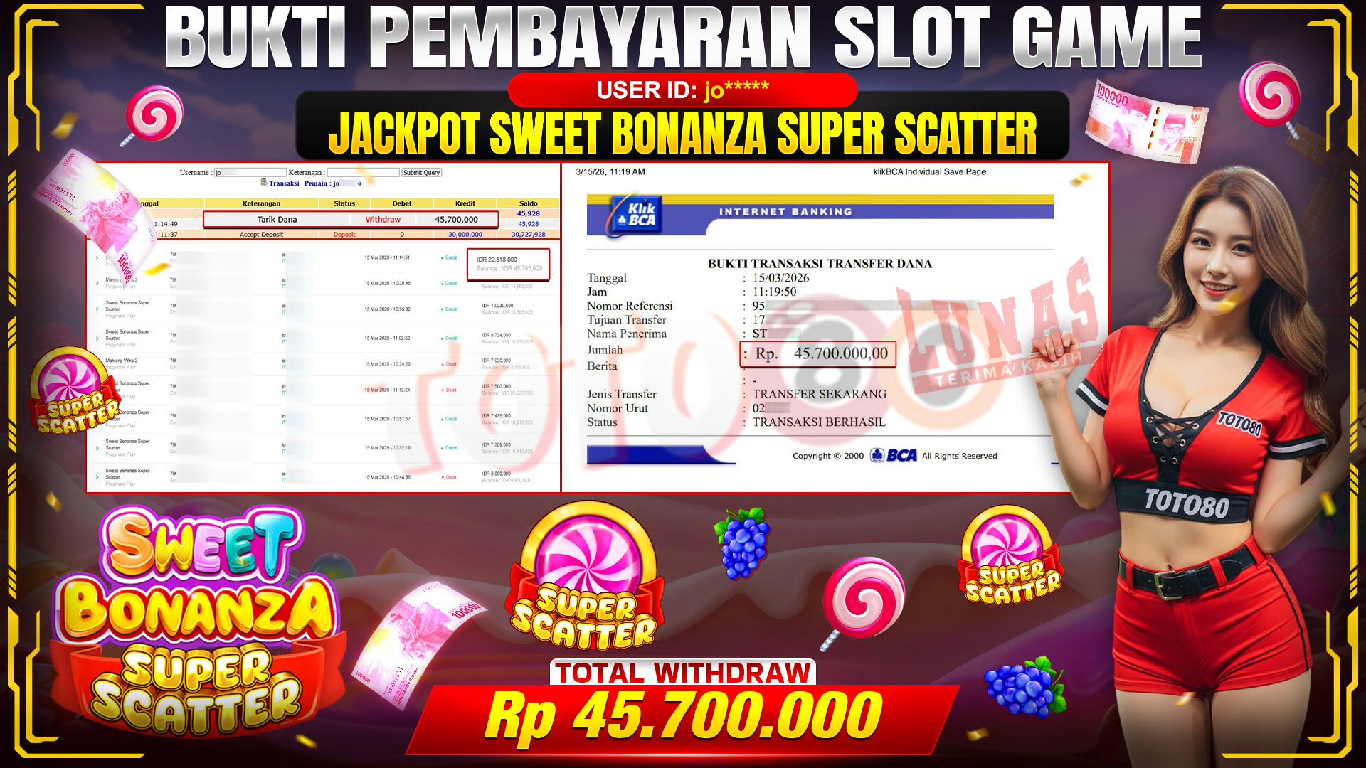 💰🎉 TOTO80 –  JACKPOT SWEET BONANZA SUPER SCATTER  RP. 45,700,000,- TELAH DIBAYARKAN!💰🎉