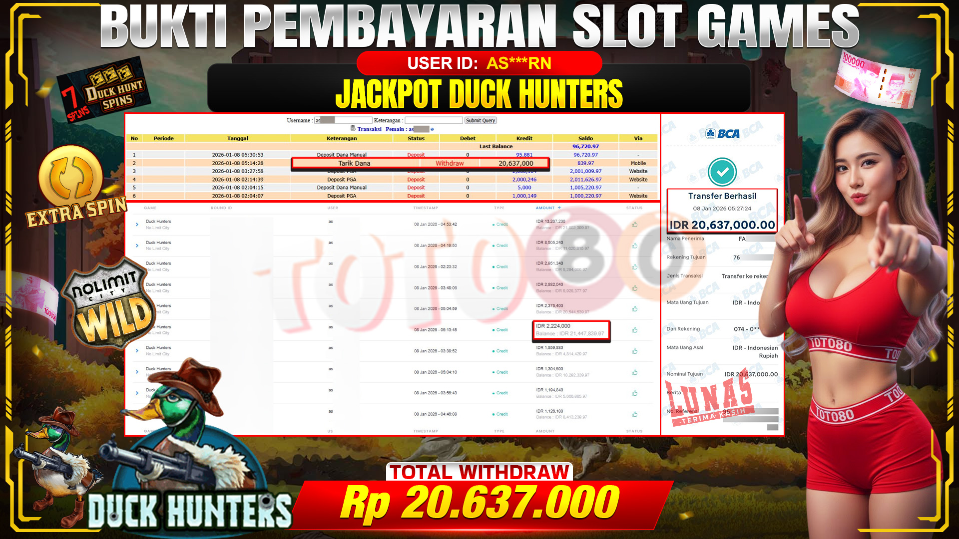 🎉 TOTO80 – JACKPOT DUCK HUNTERS RP.20,637,000,- TELAH DIBAYARKAN! 🎉