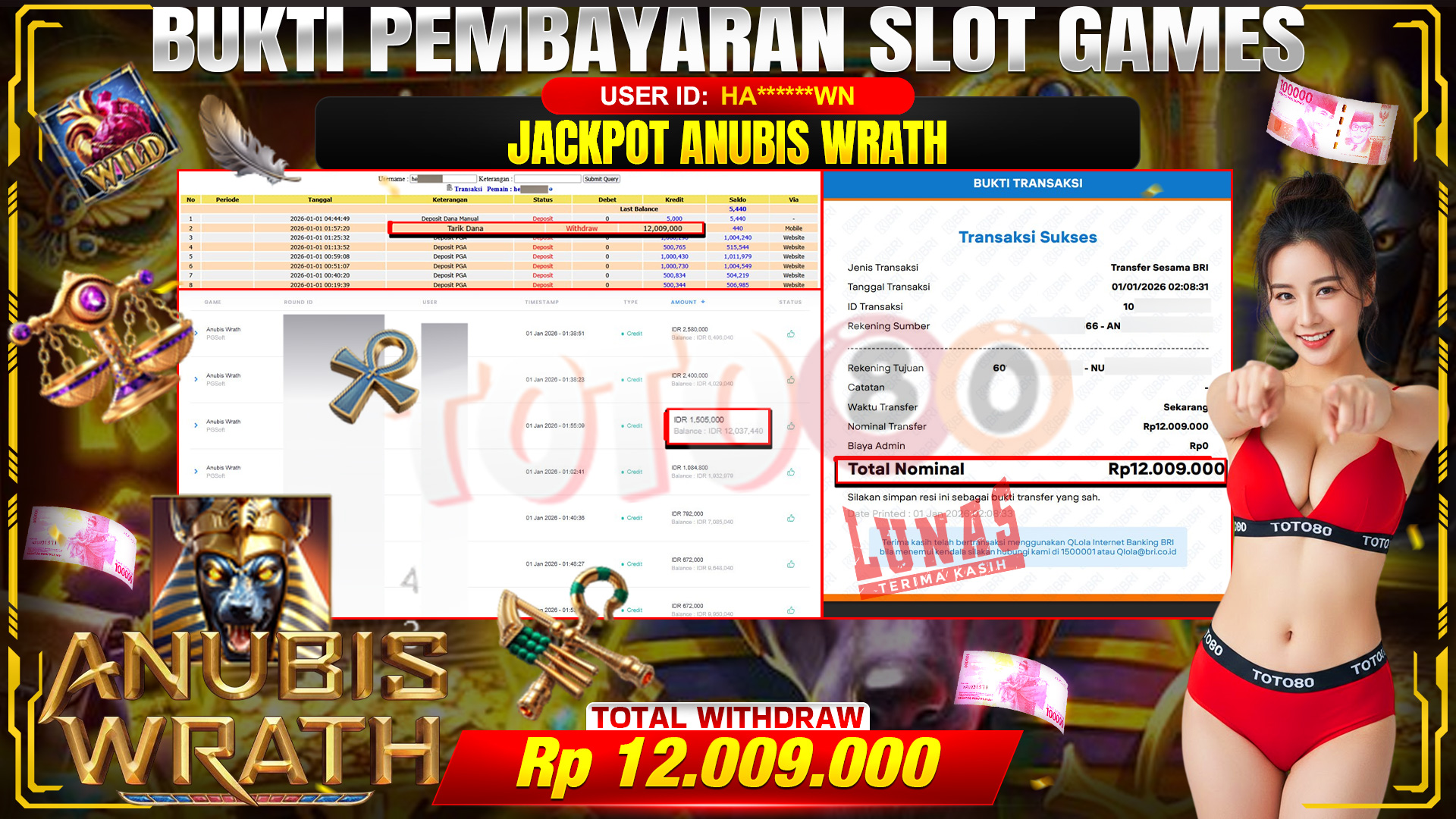 🎉 TOTO80 – JACKPOT SLOT ANUBIS WRATH RP.12,009,000,- TELAH DIBAYARKAN! 🎉