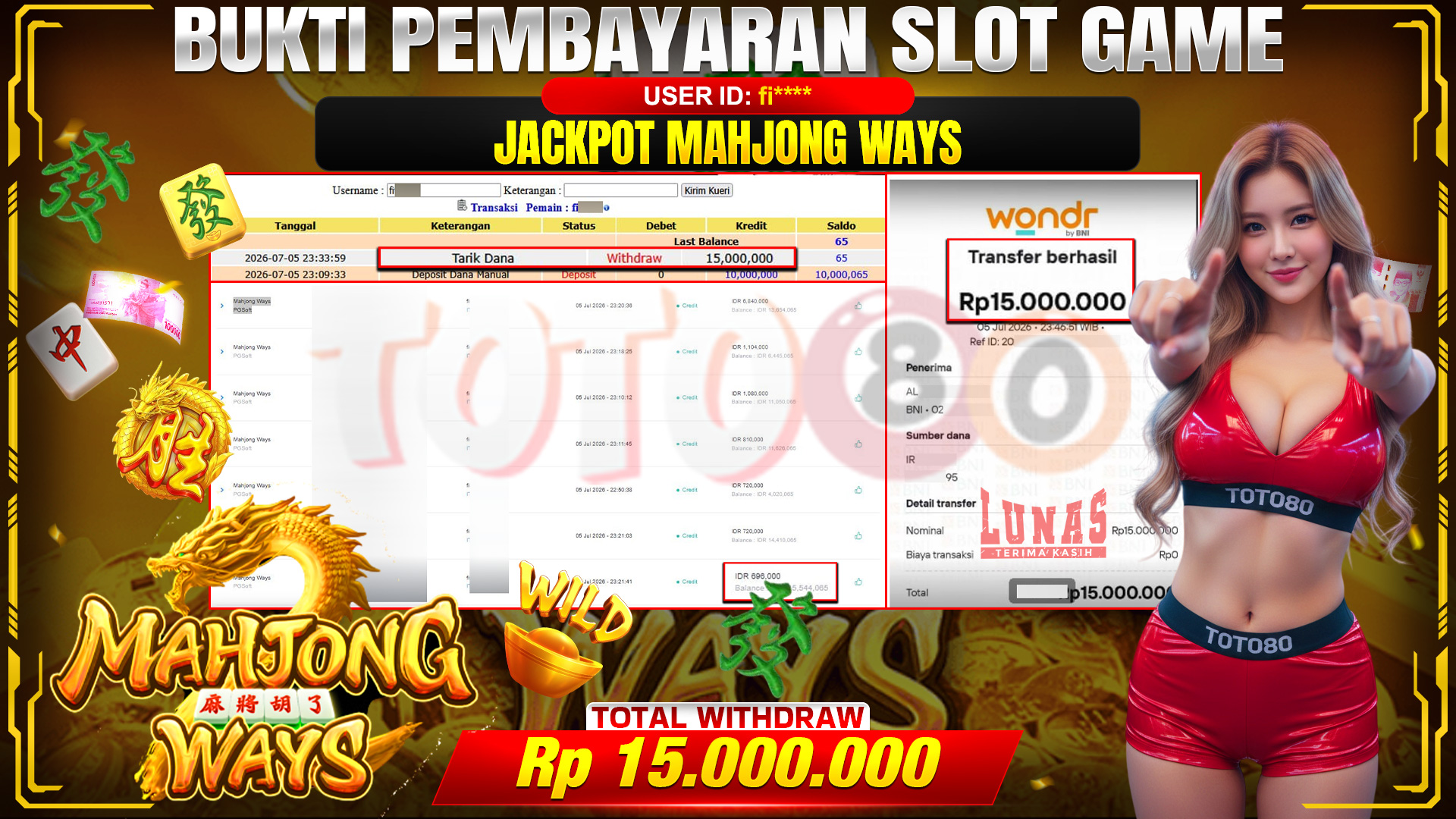 💰🎉 TOTO80 – JACKPOT SLOT MAHJONG  WAYS  RP. 15.000,000,-   TELAH DIBAYARKAN!💰🎉