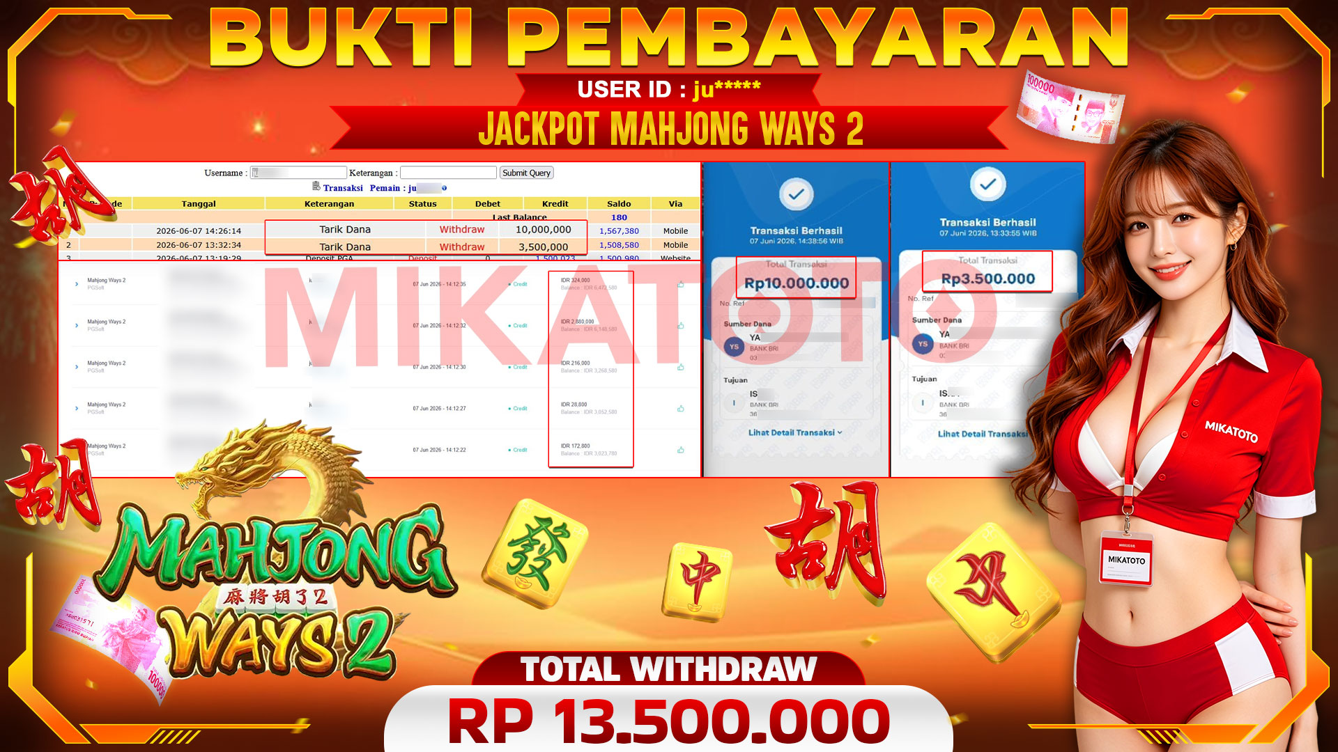 🏆 SELAMAT KEPADA PEMENANG JACKPOT DI Mahjong Ways 2 - PGSoft 13,500.000🏆