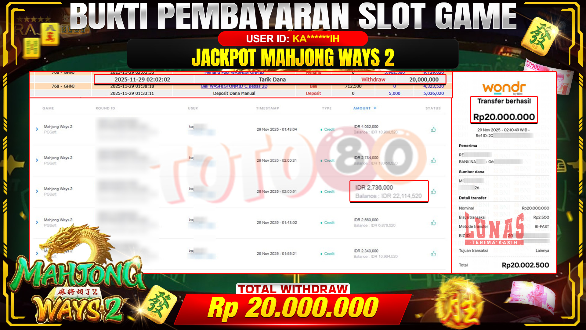 🎉 TOTO80 – JACKPOT SLOT MAHJONG WAYS 2 RP.20.000.000,- TELAH DIBAYARKAN! 🎉