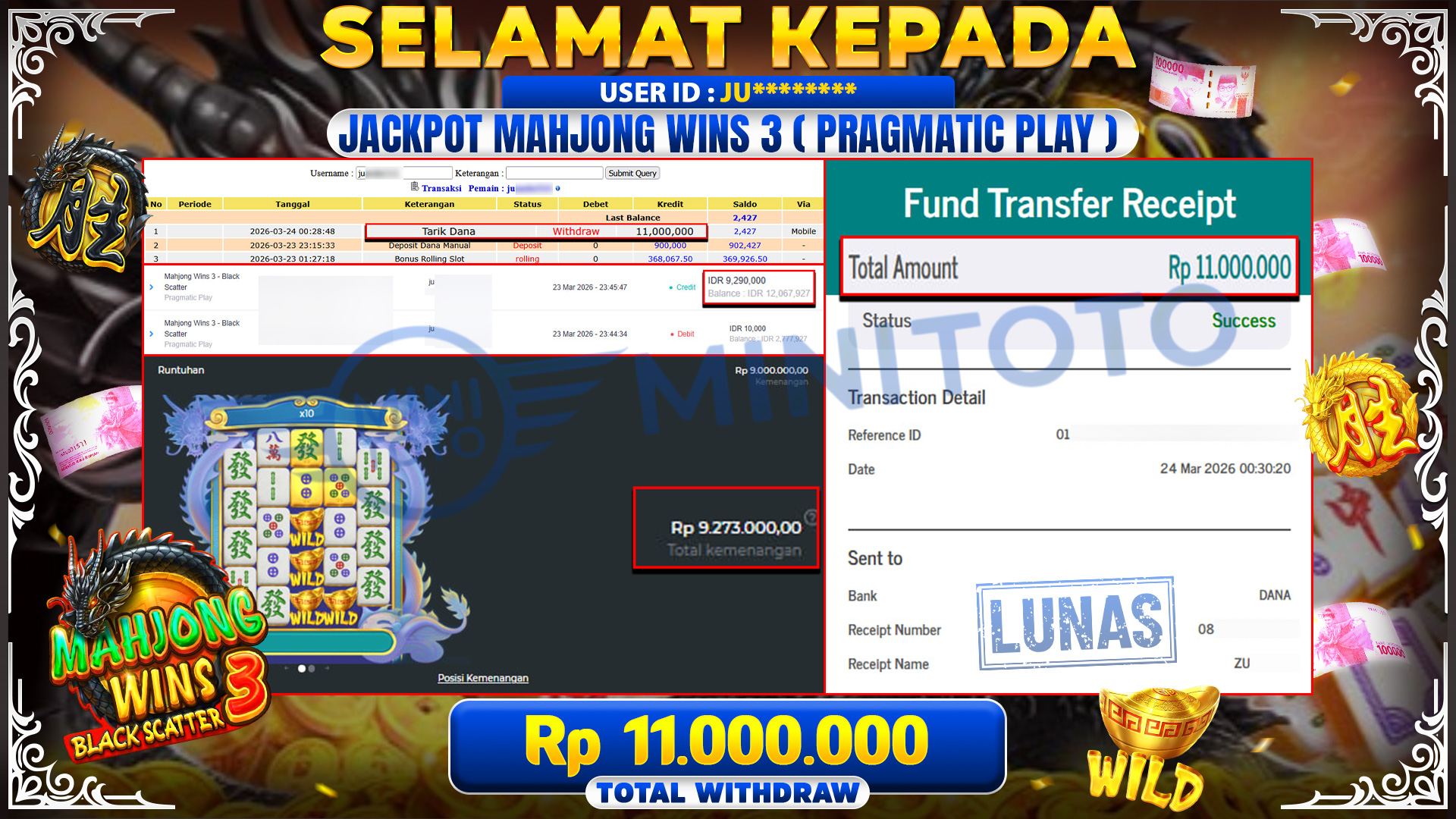BUKTI JACPOT Mahjong Wins 3 - Black Scatter - Pragmatic Play