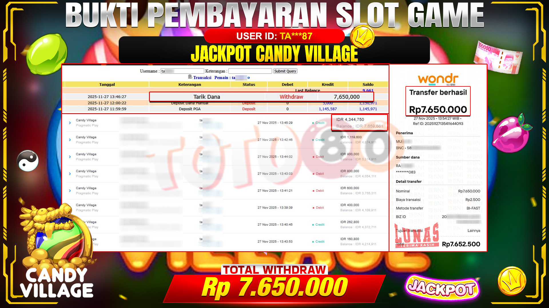 🎉 TOTO80 – JACKPOT SLOT CANDY VILLAGE RP.7,650,000,- TELAH DIBAYARKAN! 🎉